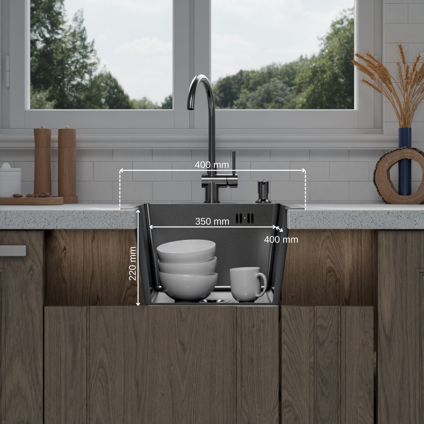 ANW HOME Fregadero Cocina 1 Seno Sobre Encimera, Fregadero Cocina Acero Inoxidable 304 40x50 cm, Grafito PVD, Acabado Nano, Grosor 3,0/1 mm, con Sifón, Dosificador y Cesta