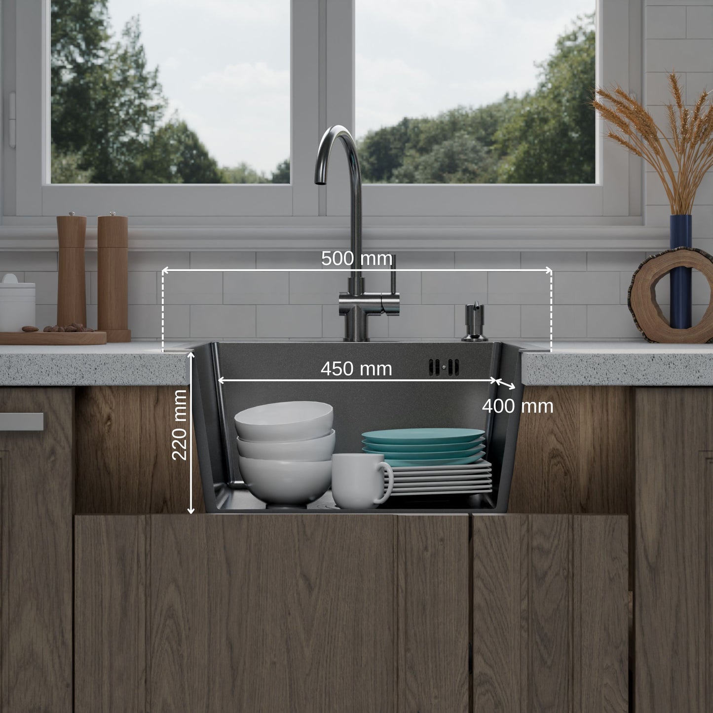 ANW HOME chiuvetă de bucătărie, chiuvetă cu o singură cuvă din oțel inoxidabil 50x50 cm fără scurgător, grafit PVD cu strat nano, grosime 3,0+1 mm, adâncime cuvă 22 cm, cu sifon