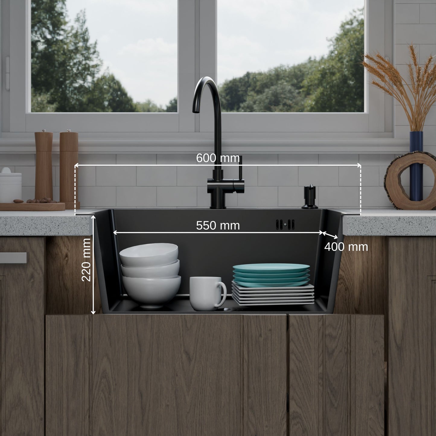 ANW HOME Spülbecken Edelstahl Küchenspüle Einbauspüle 1 Becken 60x50 cm Schwarz Piano-Oberfläche, Materialstärke 3,0/1 mm, mit Siphon, Seifenspender und Korb