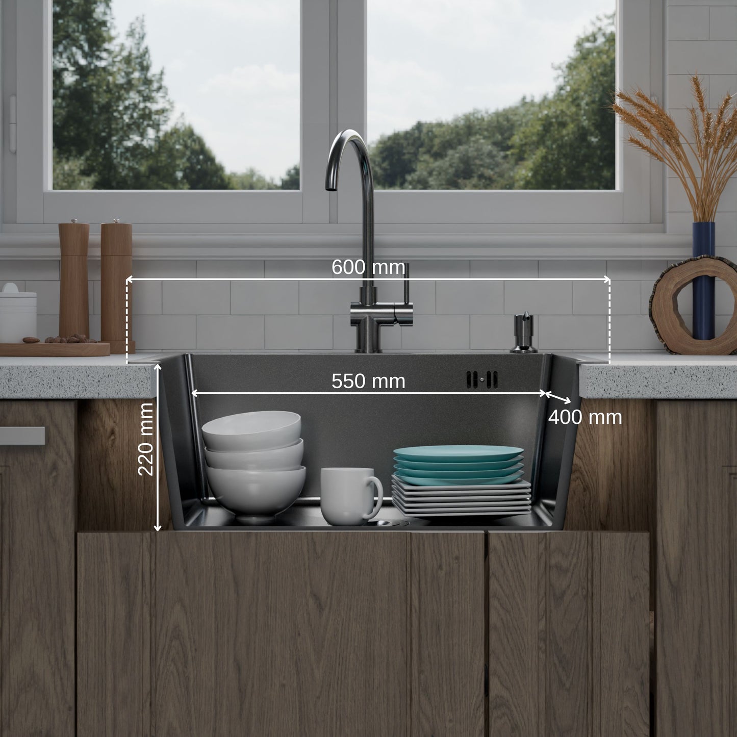 ANW HOME chiuvetă de bucătărie, chiuvetă cu o singură cuvă, oțel inoxidabil 60x50 cm, grafit, strat nano, grosime 3,0/1 mm, adâncime 22 cm, montaj pe blat, cu sifon