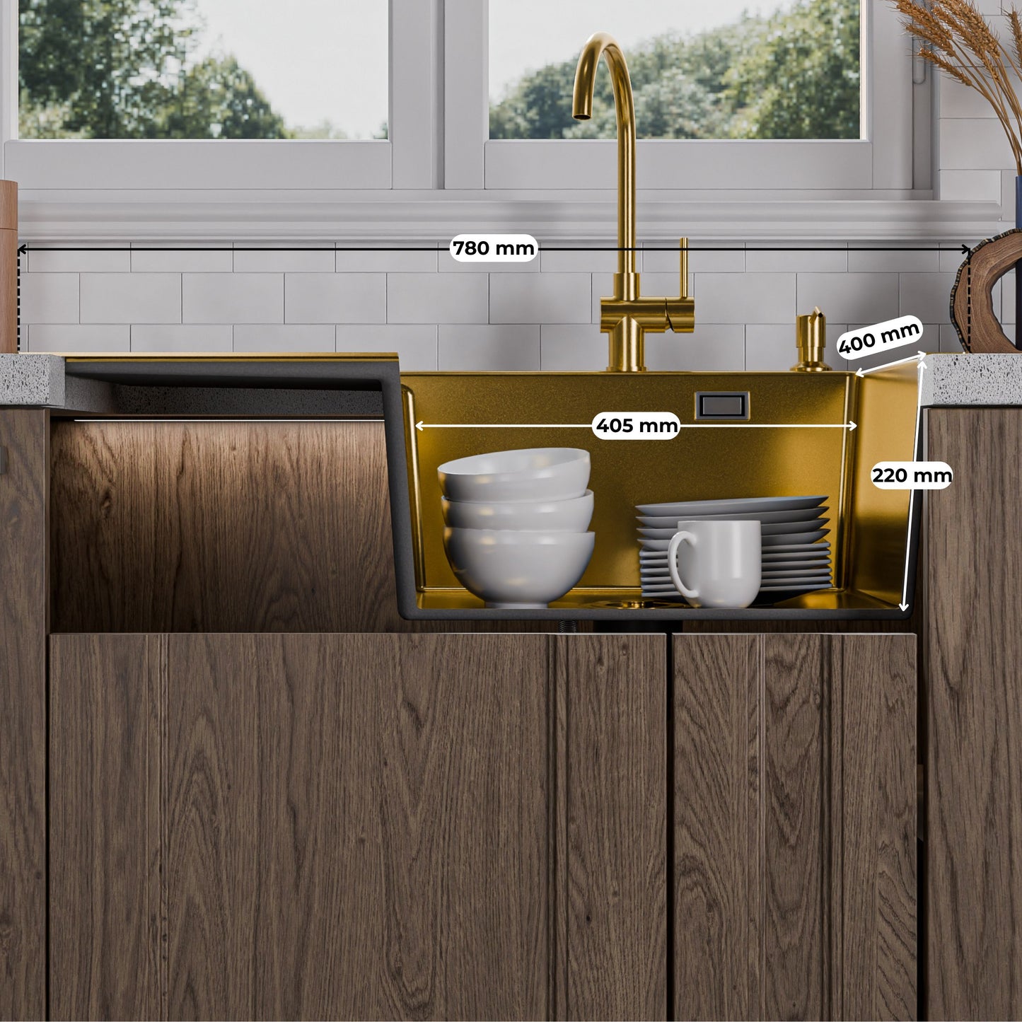 ANW HOME Evier Cuisine 1 Bac avec Égouttoir, Evier Inox à Encastrer 304, 78x50 cm, Or PVD, Finition Nano, Épaisseur 3,0+1 mm