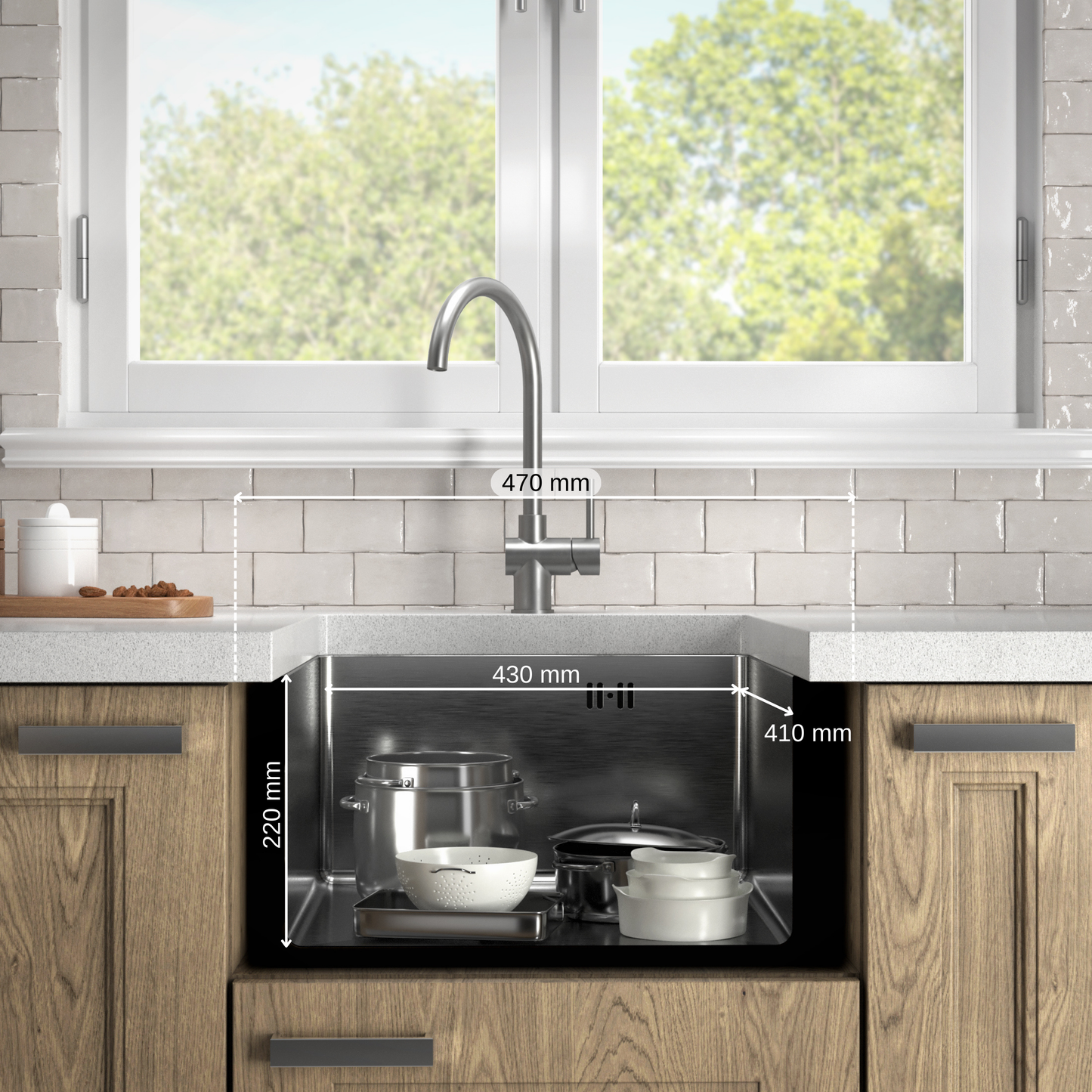 ANW HOME jednodřez, spodní montáž, kuchyňský dřez z nerezové oceli 304 47x45 cm, stříbrný, nano povrch, tloušťka 3,0+1 mm, hloubka 22 cm, se sifonem