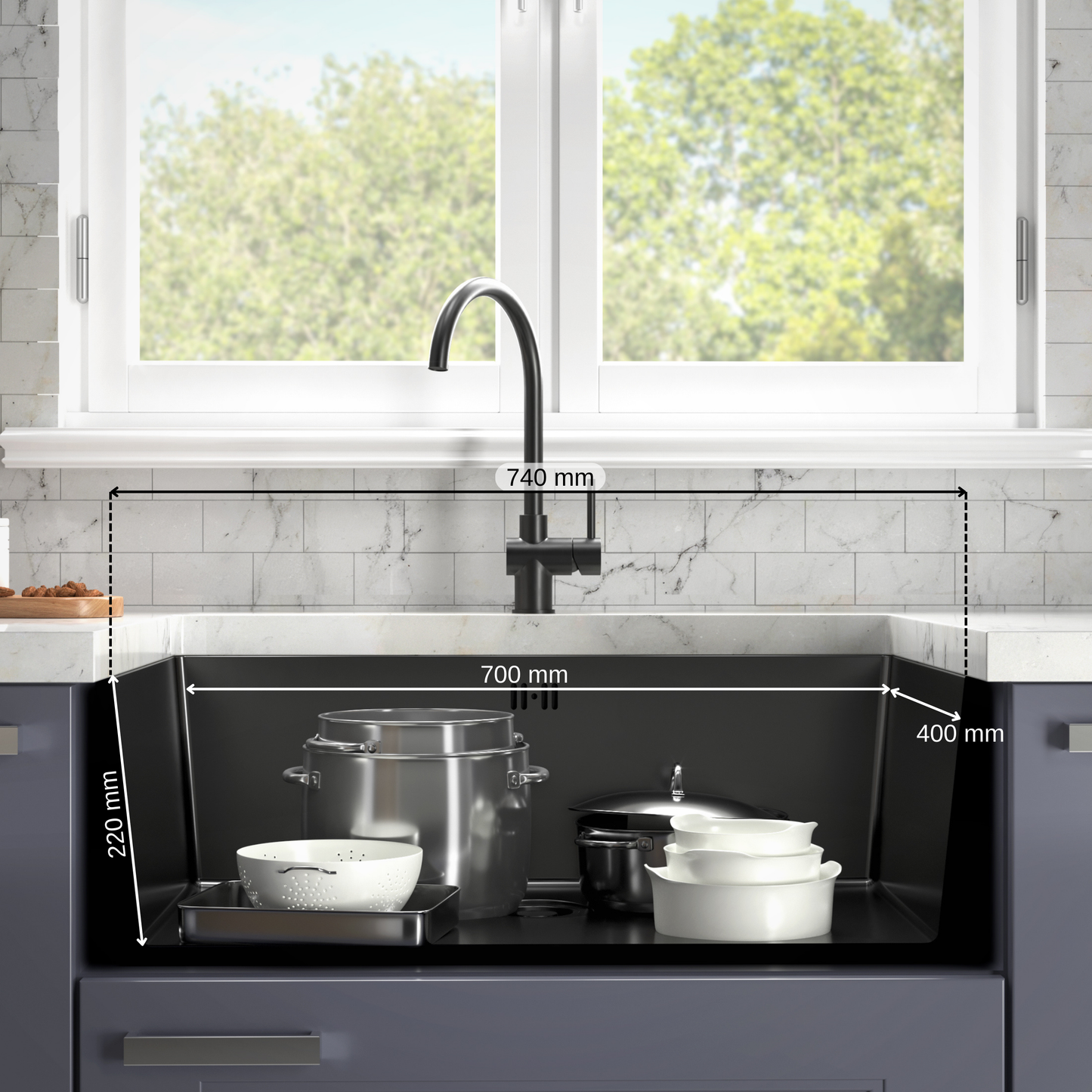 ANW HOME kuchyňský dřez, jednodřez, nerezová ocel, spodní montáž, 74x44 cm, grafit PVD, nano povrch, tloušťka 3,0/1 mm, se sifonem