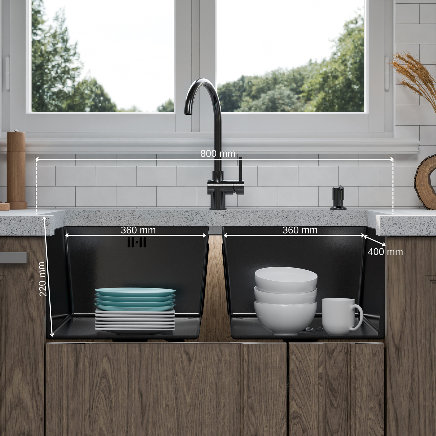 ANW HOME Evier Cuisine Inox, Evier Cuisine 2 Bacs Sous Plan 80x45 cm, Acier Inox 304, Graphite PVD, Nano-Revêtement, Épaisseur 3,0/1 mm, avec Siphon