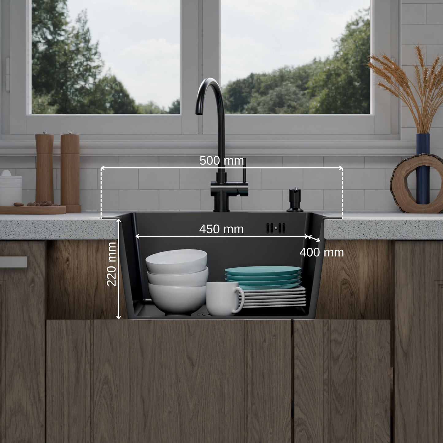 ANW HOME Kitchen Sink Stainless Steel, Single Bowl Kitchen Sink 50x50 cm, Black, Topmount, Nano-Coated, Thickness 3.0/1 mm, 22 cm Deep, with Siphon, Soap Dispenser and Basket