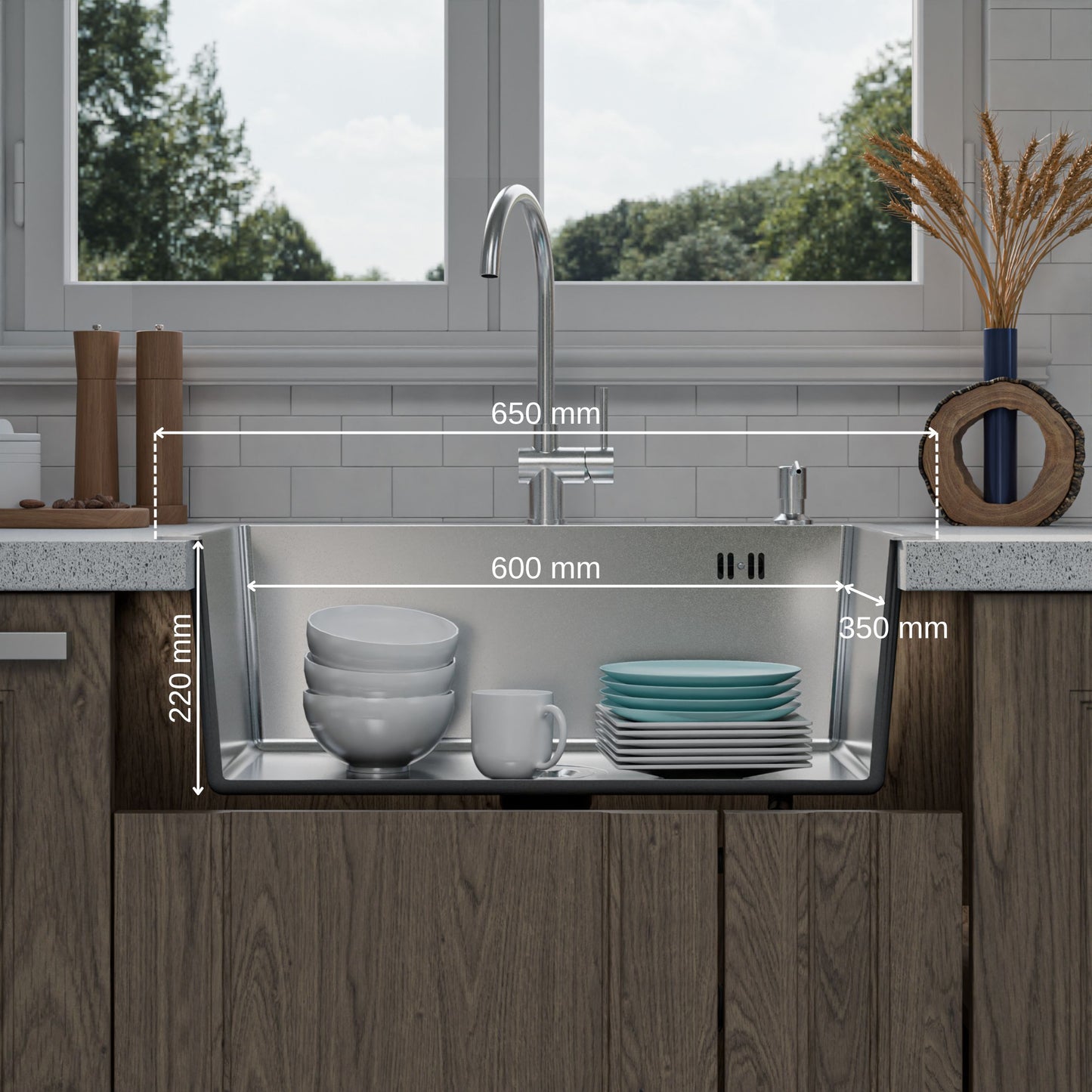ANW HOME Spülbecken Küchenspüle 65x45 cm, Einbauspüle Edelstahl in Silber, Spüle  mit Nano-Oberfläche, Stärke 3,0+1 mm, mit Siphon Seifenspender und Korb
