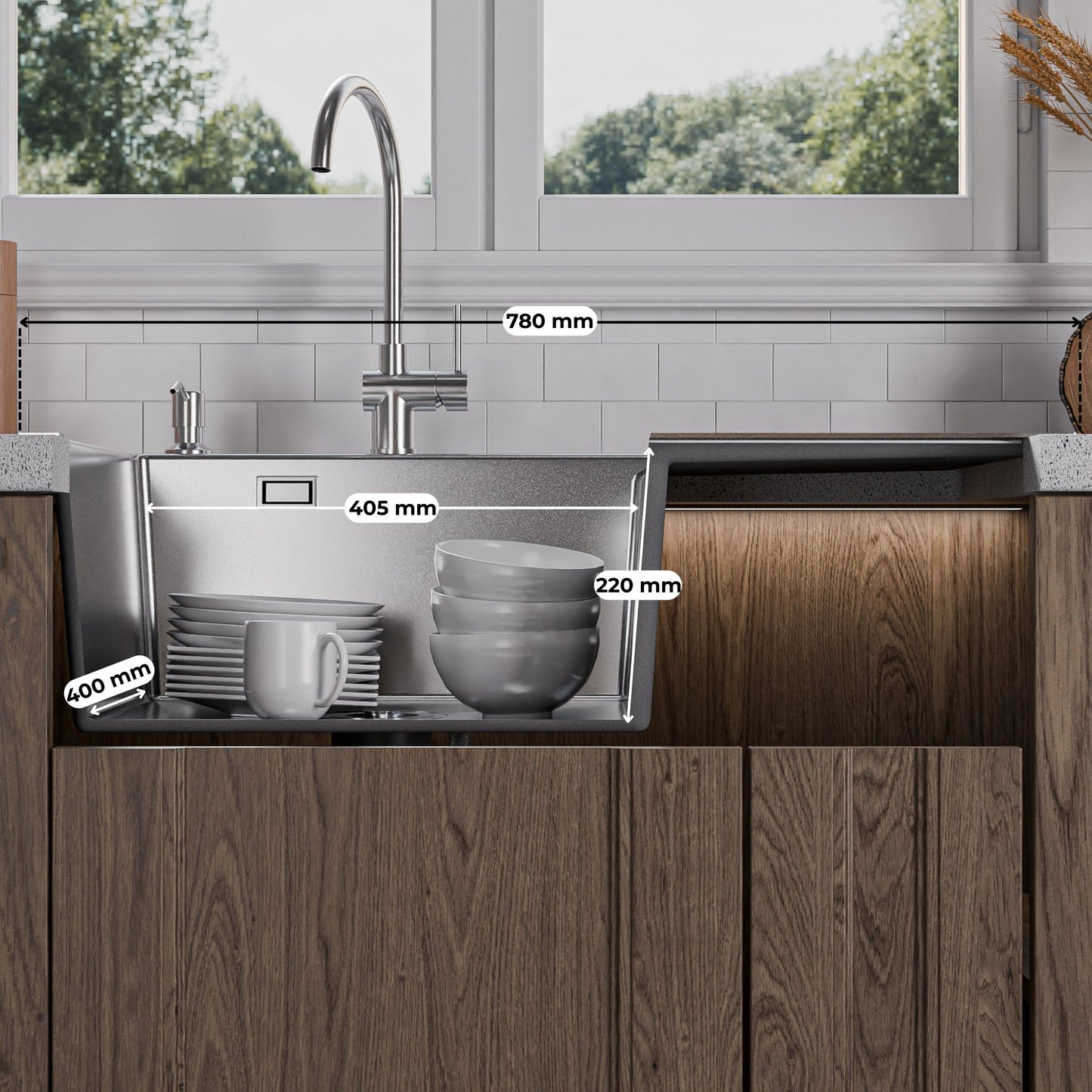 ANW HOME Fregadero Cocina 1 Seno, sobre Encimera con Escurridor, Fregadero Cocina Acero Inoxidable 304, 78x50 cm, Plata, Acabado Nano, Grosor 3,0/1 mm, con Sifón y Dispensador