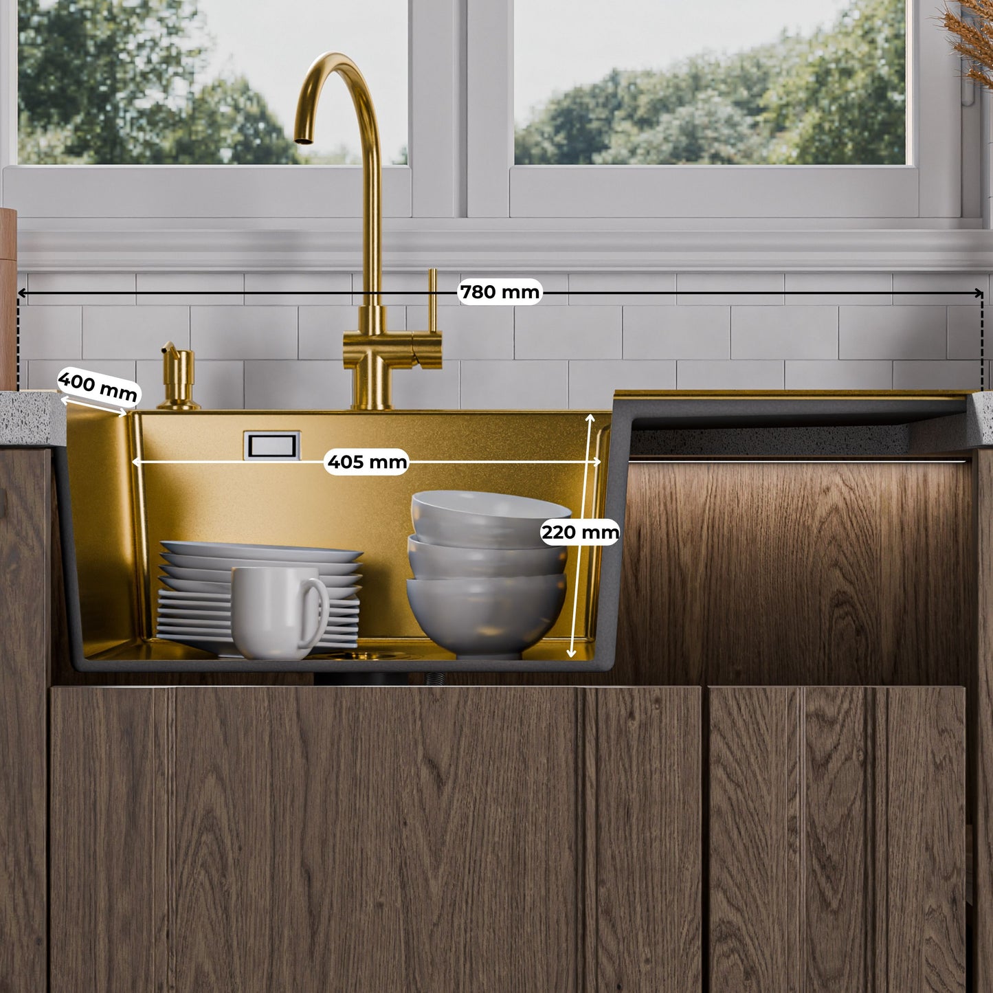ANW HOME Spülbecken Küchenspüle Einbauspüle 1 Becken mit Abtropffläche Edelstahl 304 78x50 cm Gold PVD Nano-Beschichtung Stärke 3,0+1 mm mit Siphon, Seifenspender und Korb