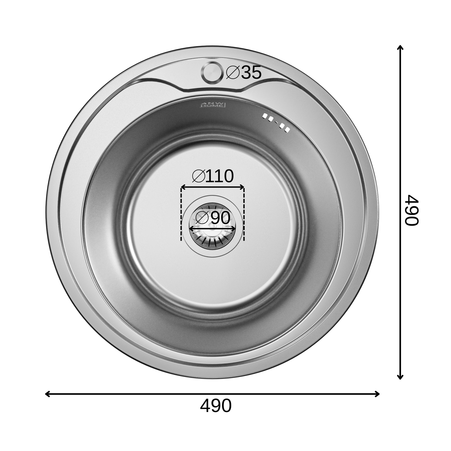 ANW HOME Spülbecken Küche Edelstahl, Küchenspüle Rund Ø49 cm, Einbauspüle, Satinierte Oberfläche, Stärke 1 mm, mit Siphon