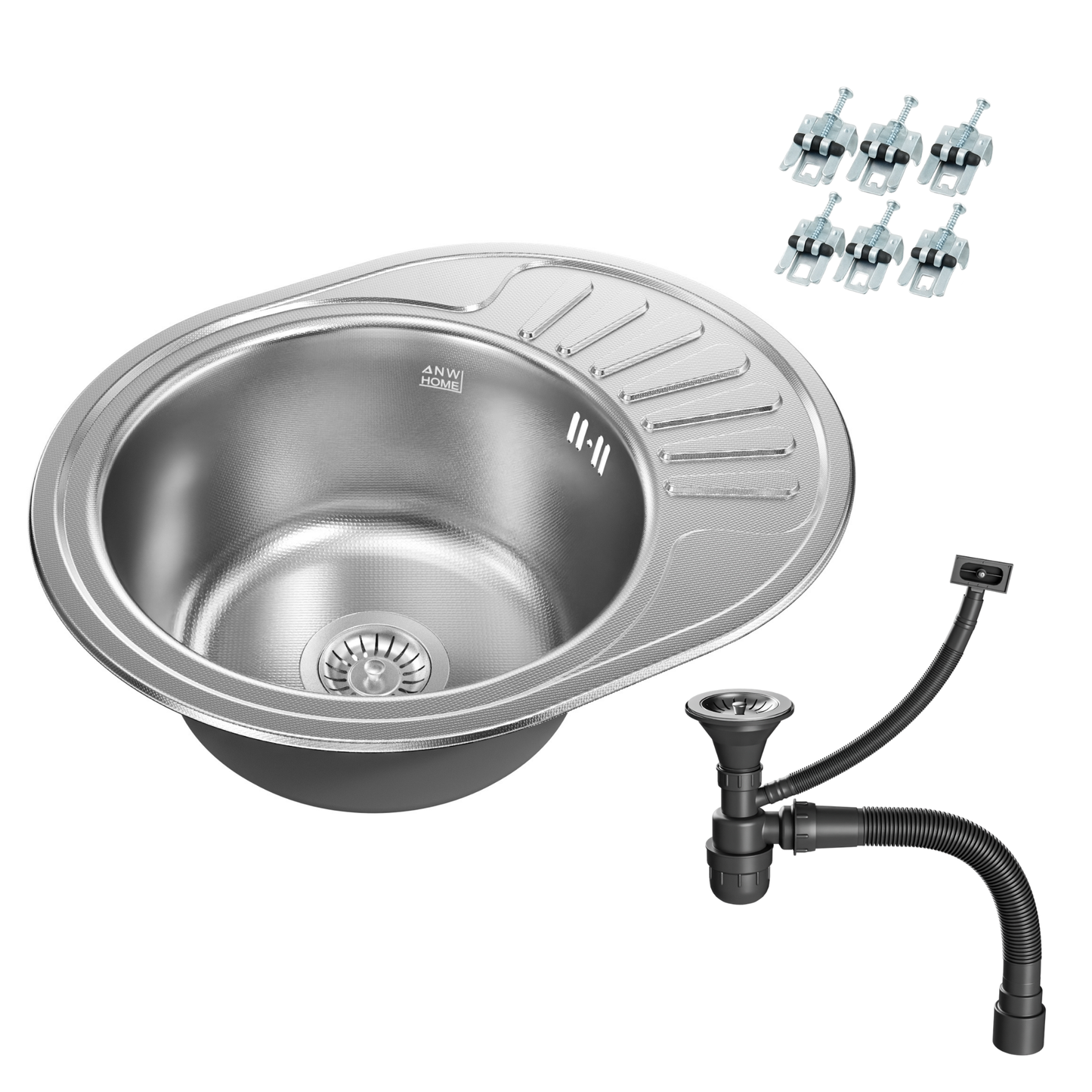 ANW HOME Lavello Cucina 1 Vasca con Gocciolatoio, Lavandino Cucina da Incasso in Acciaio Inox 201 57x45 cm, Argento, Finitura Antigraffio, Spessore 0,6 mm, con Sifone