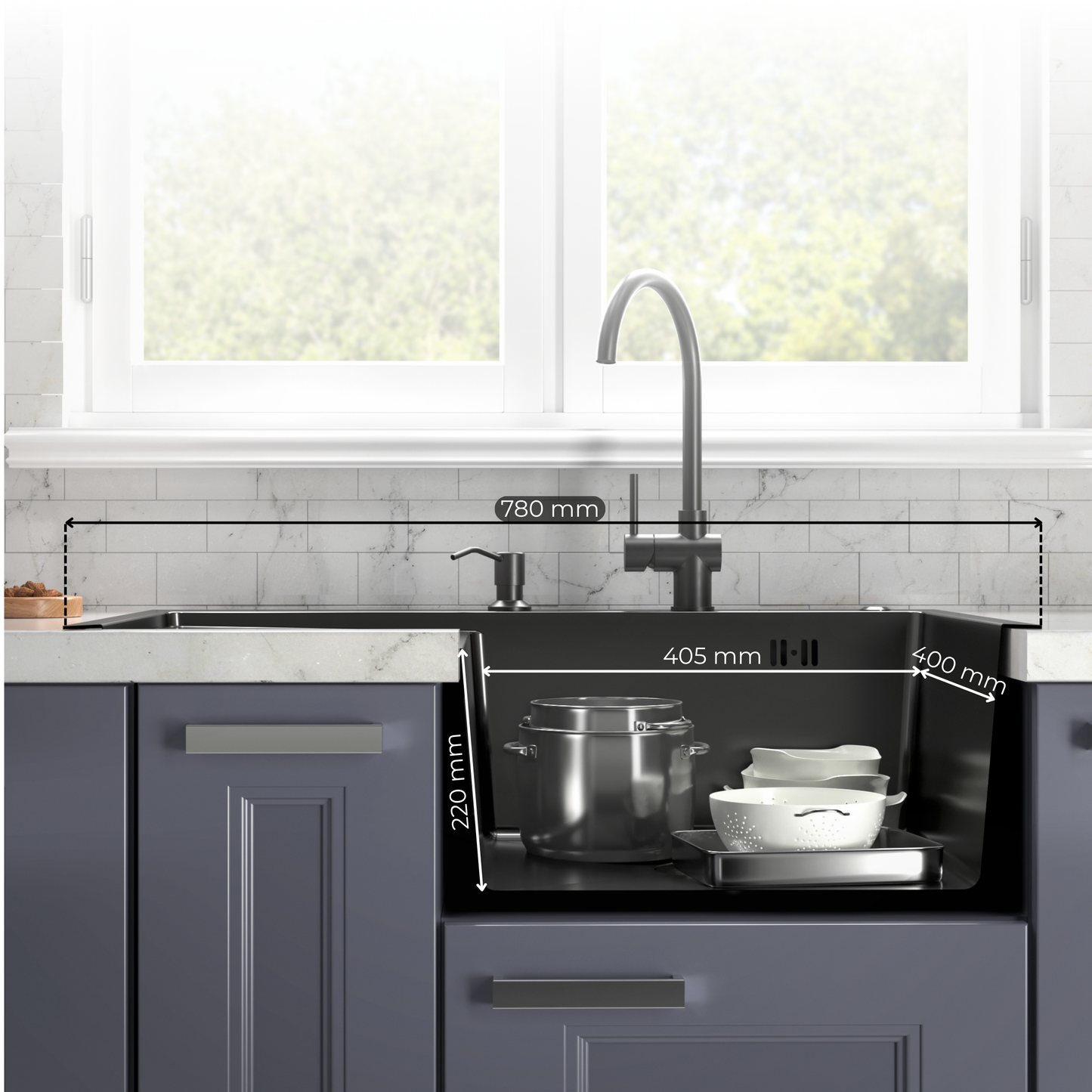 ANW HOME Kitchen Sink, Single Bowl Kitchen Sink, Stainless Steel with Drainer, Topmount 78x50 cm, Graphite PVD, Nano-Coated Finish, Thickness 3.0+1 mm