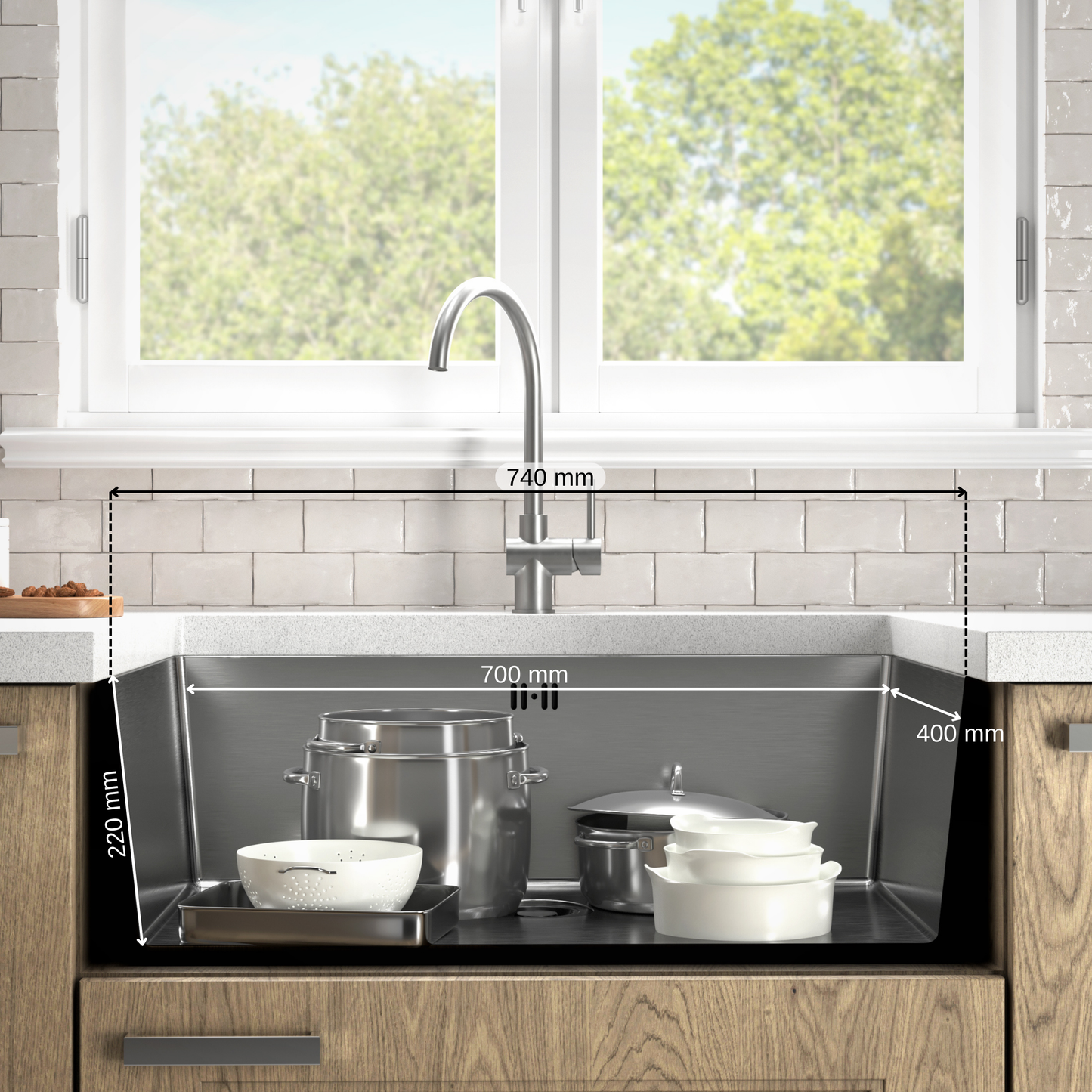 ANW HOME Kitchen Sink, Stainless Steel Kitchen Sink, Undermount Single Bowl 74x44 cm, Silver, Nano Coating, Thickness 3.0/1 mm, 22 cm Deep Bowl, with Waste Kit