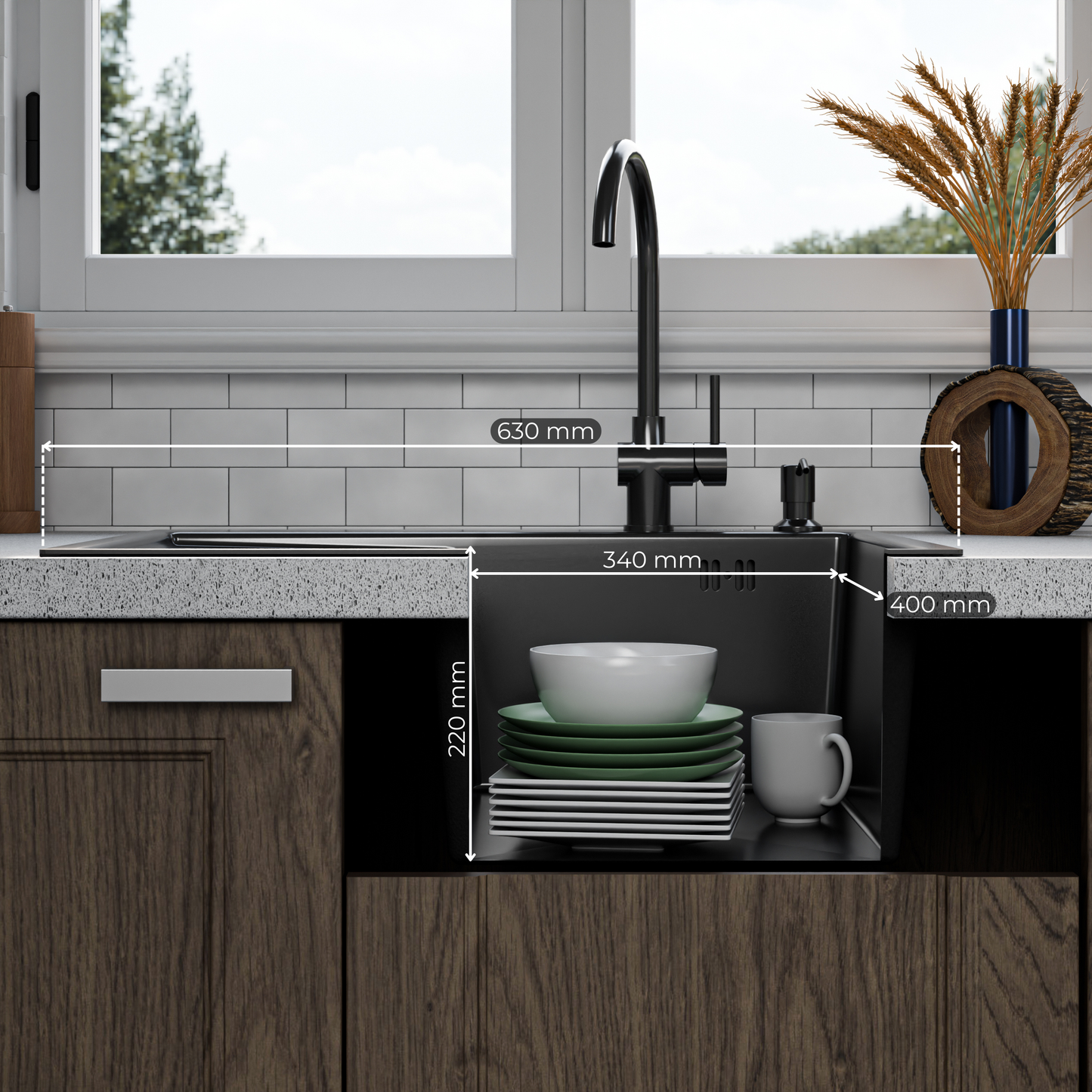 ANW HOME kuchyňský dřez z nerezové oceli 304, jednodřez pro inset montáž s odkapávačem 63x50 cm, grafit PVD, nano povrch, tloušťka 3+1 mm, hloubka vany 22 cm, s odtokovou sadou