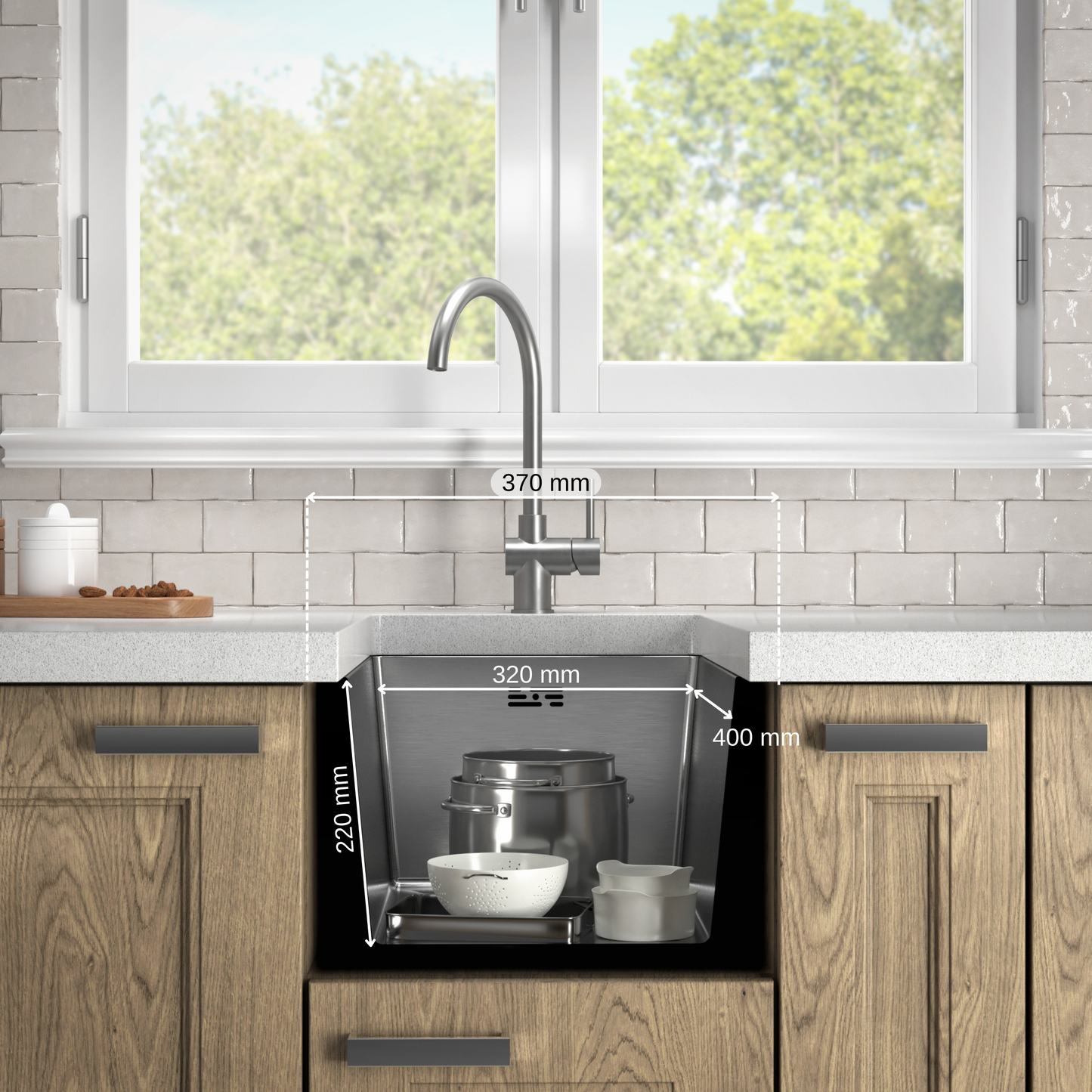 ANW HOME Küchenspüle Edelstahl, Spülbecken 1 Becken Unterbau, Einbauspüle ohne Abtropffläche, 37 x 45 cm, Silber, Nano-Beschichtung, 22 cm Tiefe, Stärke 3,0/1 mm, mit Siphon