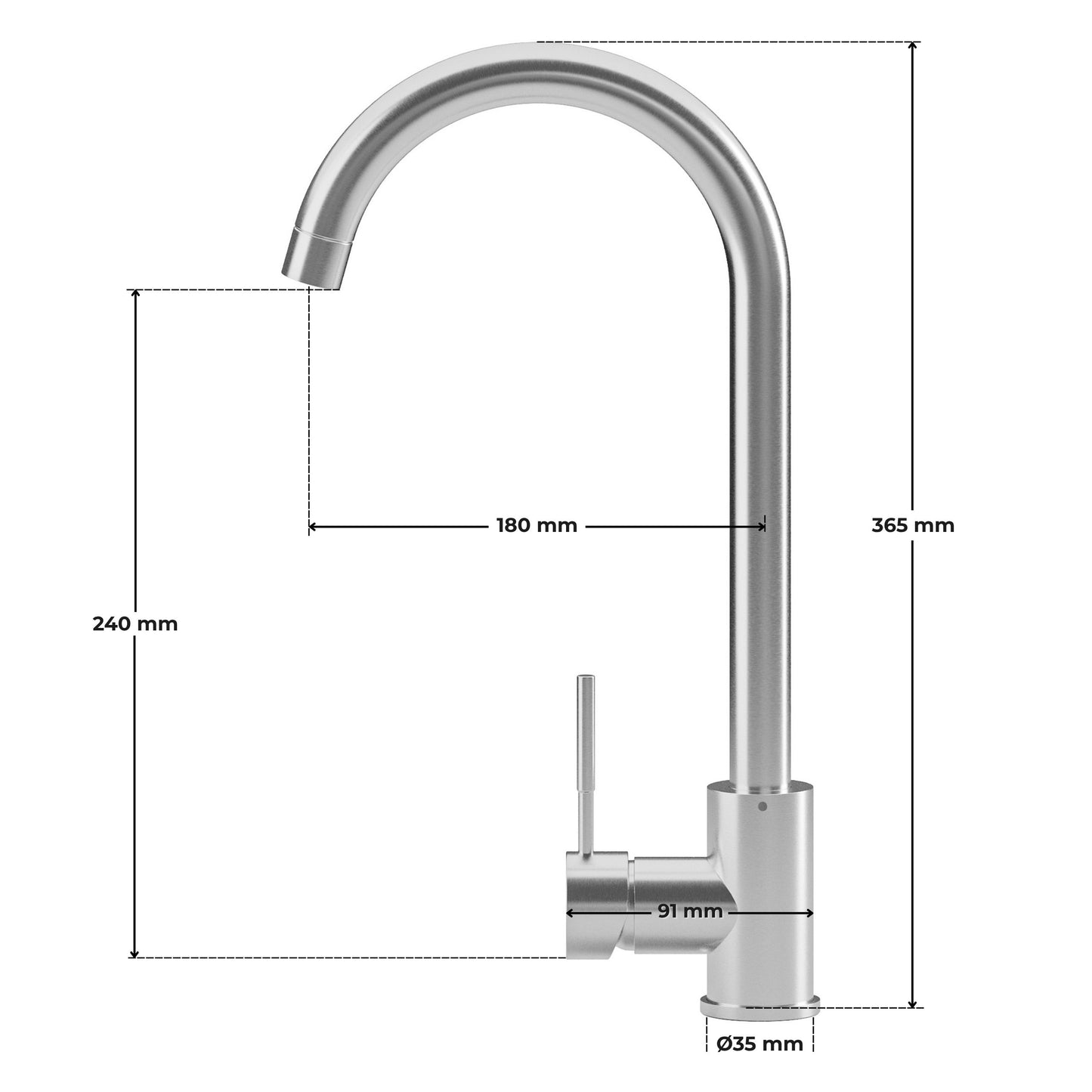 ANW HOME High-Arc Brushed Inox Kitchen Faucet with 360° Swivel Spout – 365 mm