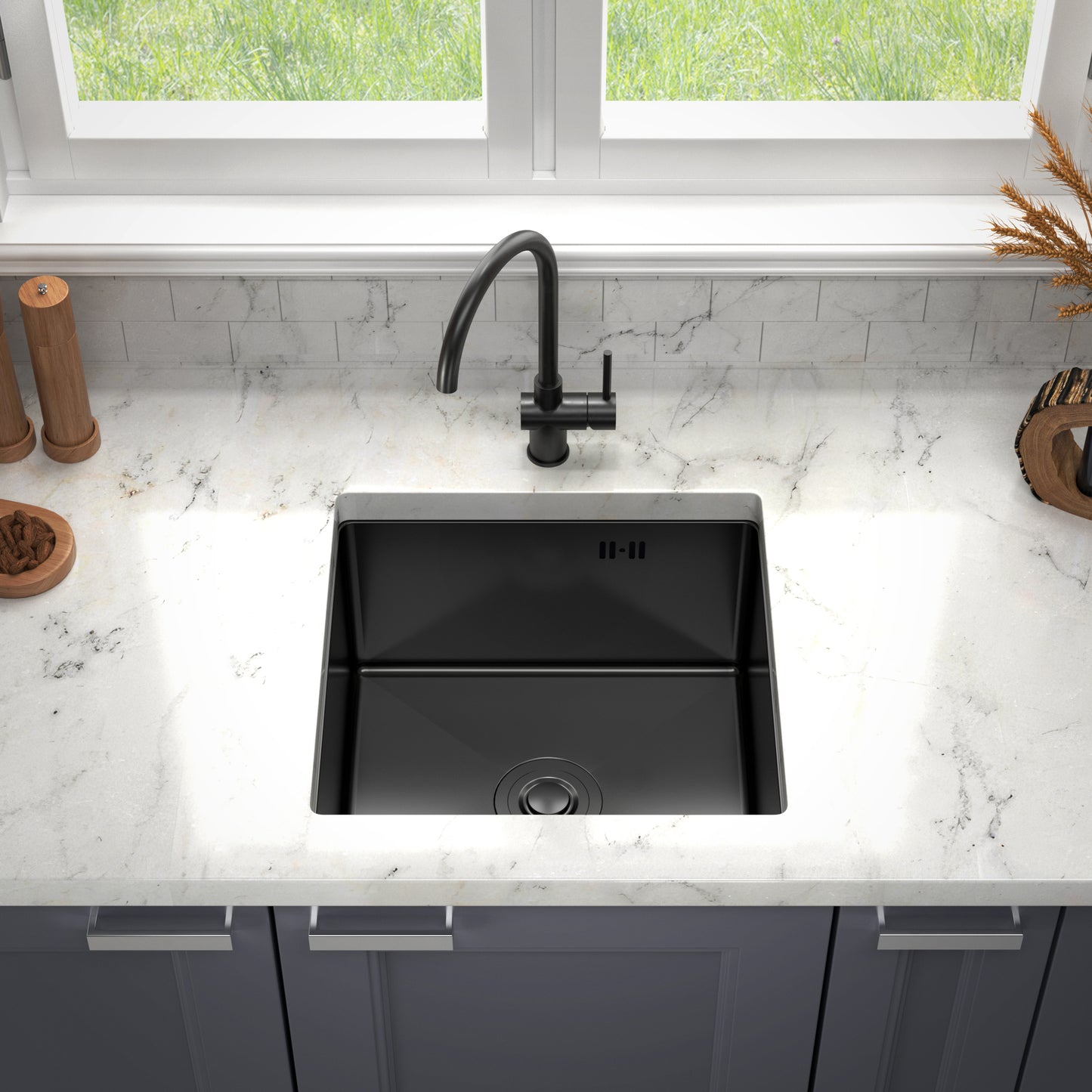 Zlew kuchenny podblatowy 44x44 cm – stal nierdzewna grafitowa PVD, głęboka komora, komplet