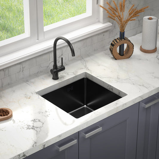 ANW HOME Spülbecken Küche Küchenspüle Unterbauspüle 1 Becken 44x44 cm Graphit PVD mit Nano-Beschichtung, Stärke 3.0+1 mm, mit Siphon