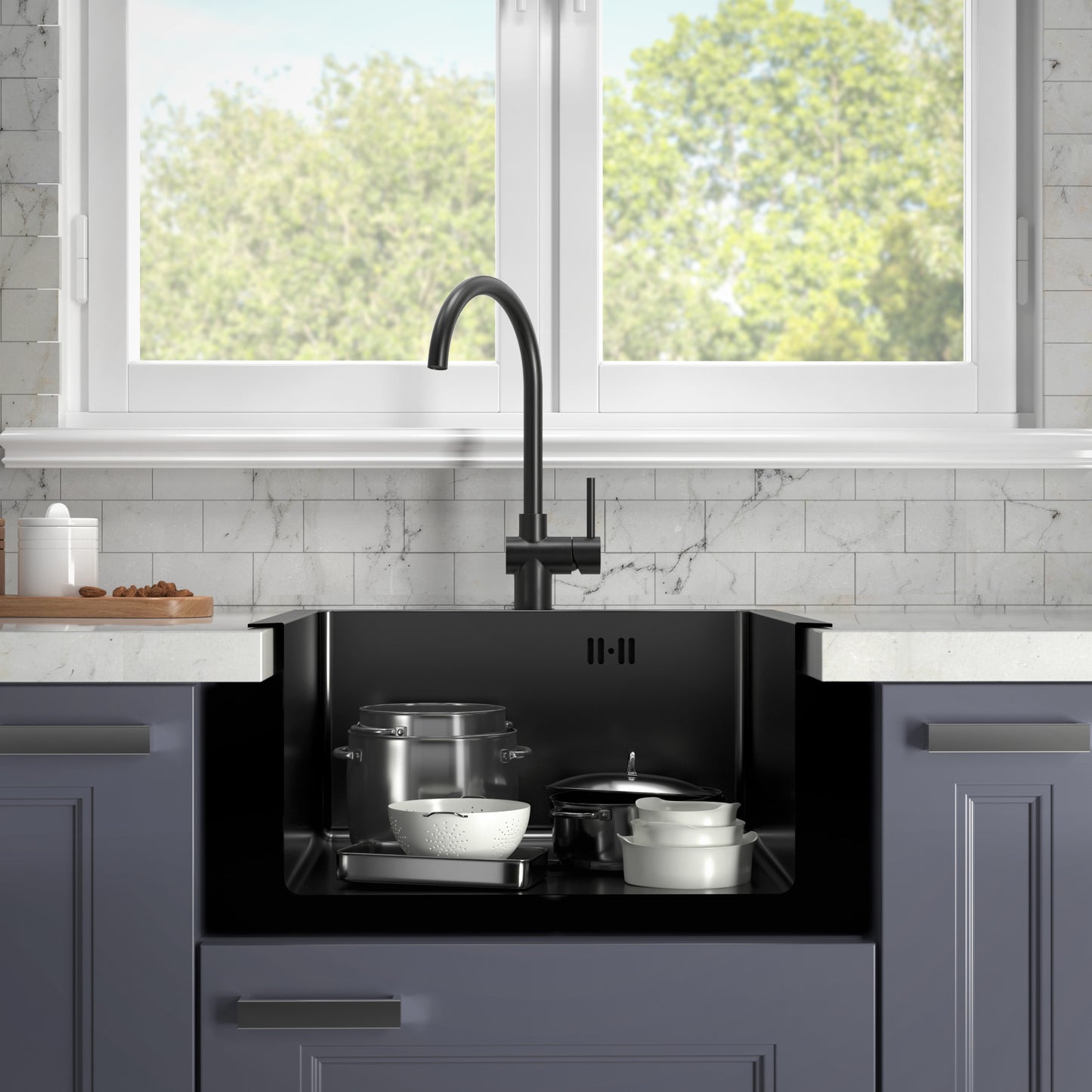 Zlew kuchenny podblatowy 44x44 cm – stal nierdzewna grafitowa PVD, głęboka komora, komplet