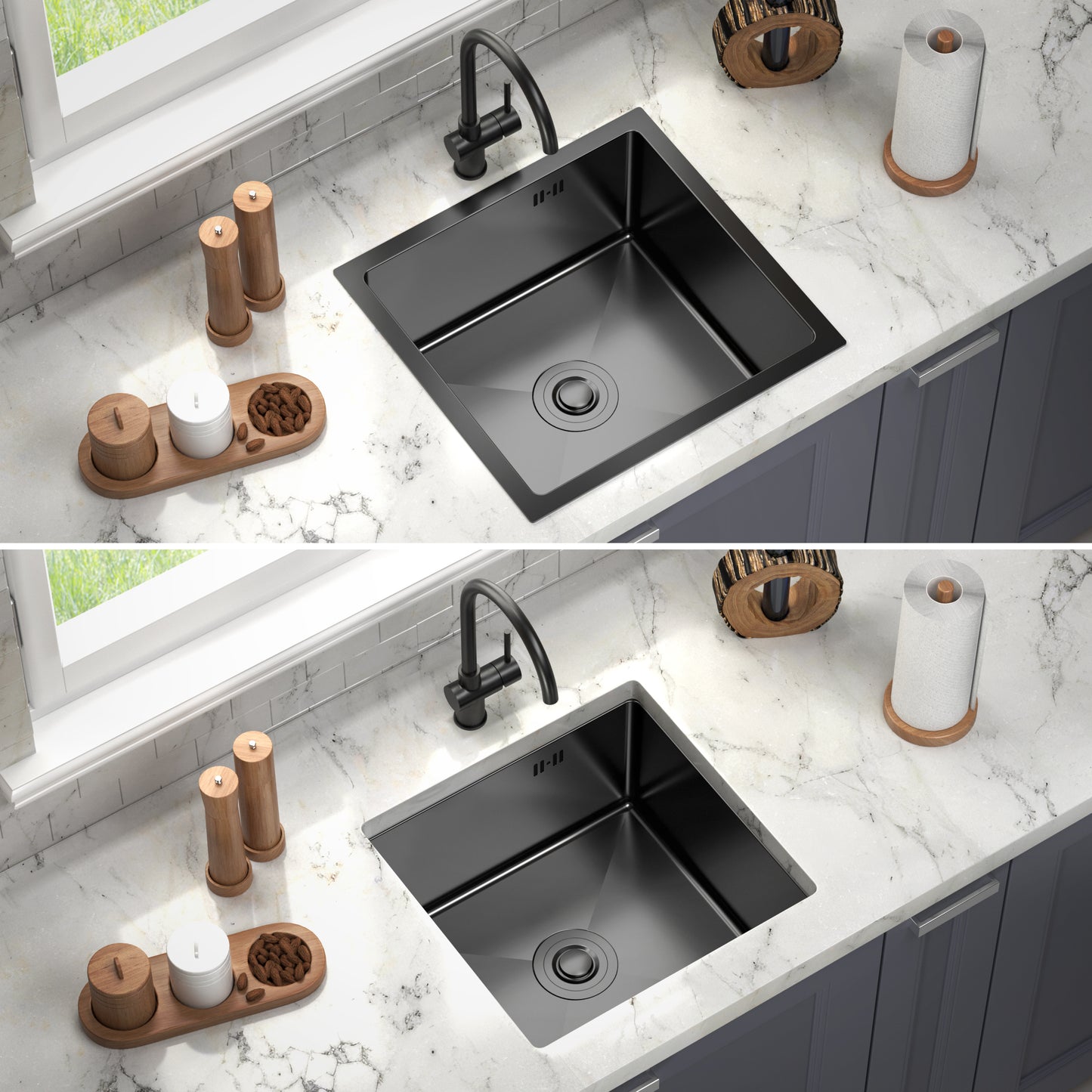 Zlew kuchenny podblatowy 44x44 cm – stal nierdzewna grafitowa PVD, głęboka komora, komplet