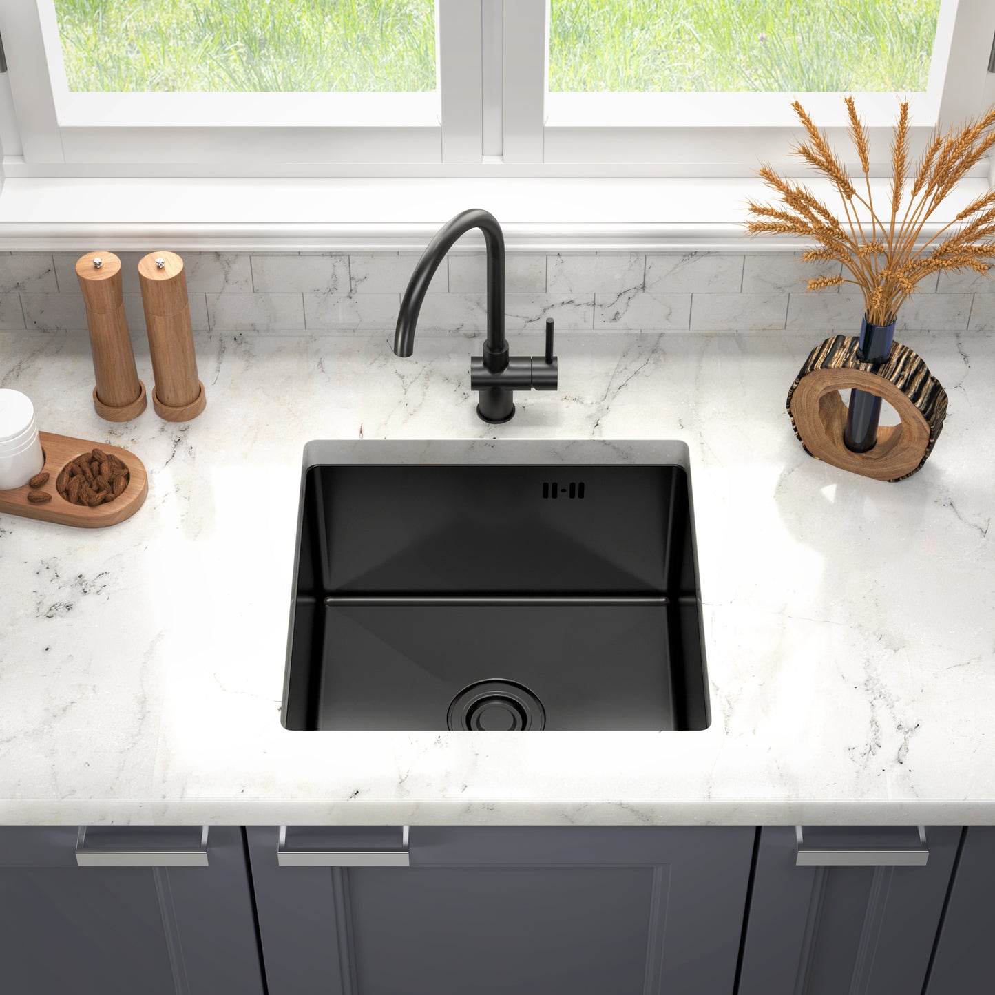 ANW HOME 47x45 cm Under-Mount Single-Bowl Kitchen Sink – Graphite Black Nano Finish with Siphon & Mounting Kit