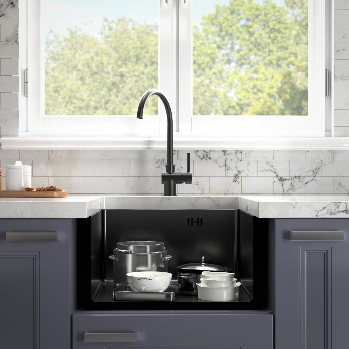ANW HOME 47x45 cm Under-Mount Single-Bowl Kitchen Sink – Graphite Black Nano Finish with Siphon & Mounting Kit