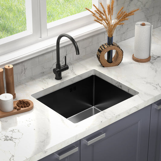 ANW HOME chiuvetă de bucătărie, chiuvetă sub blat cu o singură cuvă din oțel inoxidabil 54x44 cm, grafit PVD, strat nano, grosime 3,0/1 mm, cu sifon