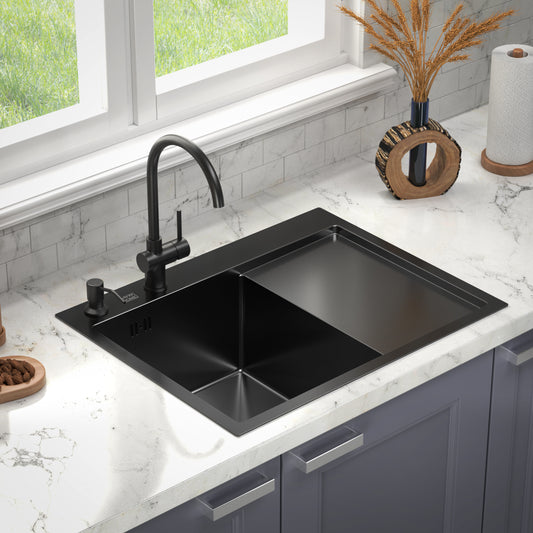 ANW HOME Stainless steel PVD Nano Black Kitchen Sink 63×50x22 cm Left (L) 304 Steel 1mm, Full Set