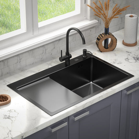 ANW HOME Stainless Steel Kitchen Sink 78x50x22cm Nano Black Right 1mm Thickness Top Mount, Full Set