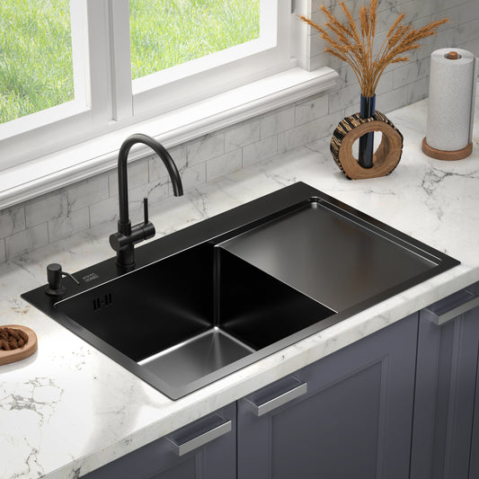 ANW HOME Stainless Steel Kitchen Sink 78x50 Nano Black Left 1mm with Dispenser & Drainer, Top Mount