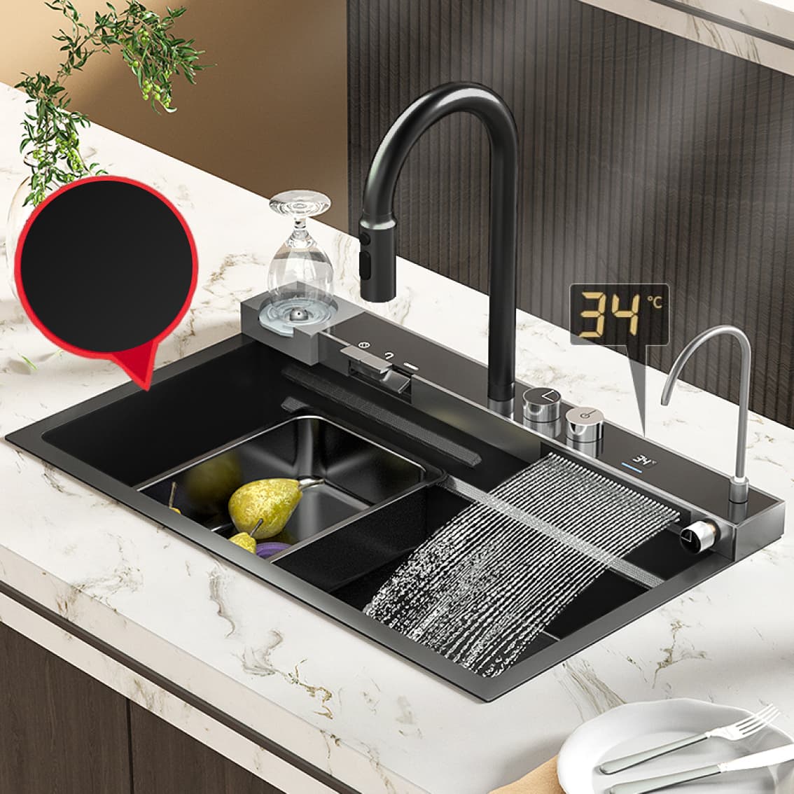 Stainless Steel Smart Sink 75x46D with Waterfall Faucet Graphit – ANW HOME