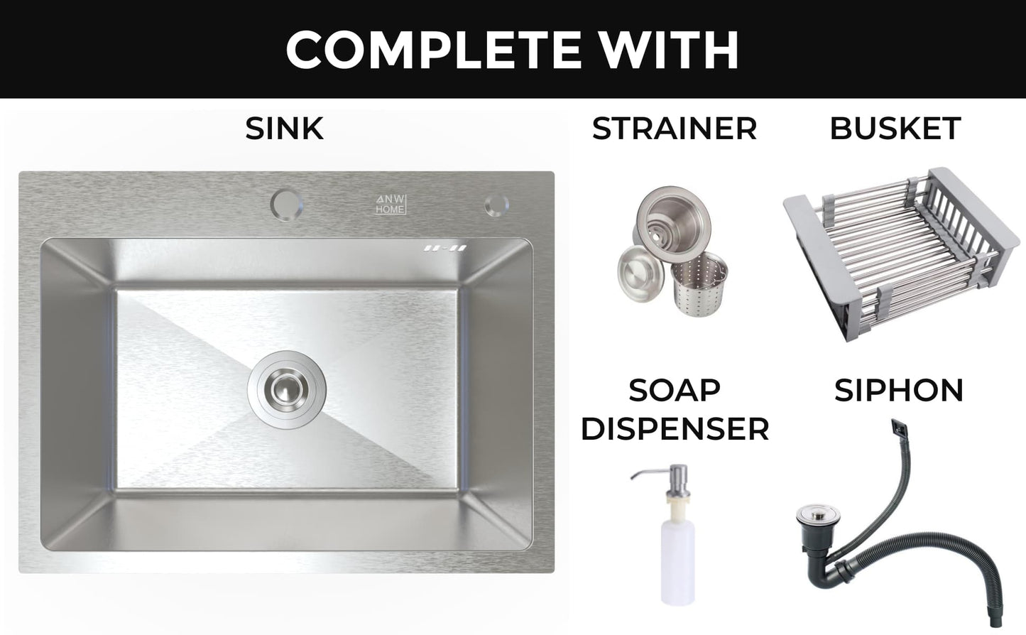 stainless steel kitchen sink color silver size 60x45 complete with strainer trap soap dispenser busket