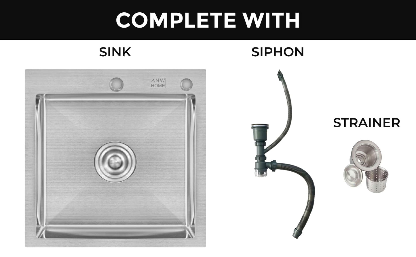 stainless steel kitchen sink color silver size 50x50 with siphon and strainer