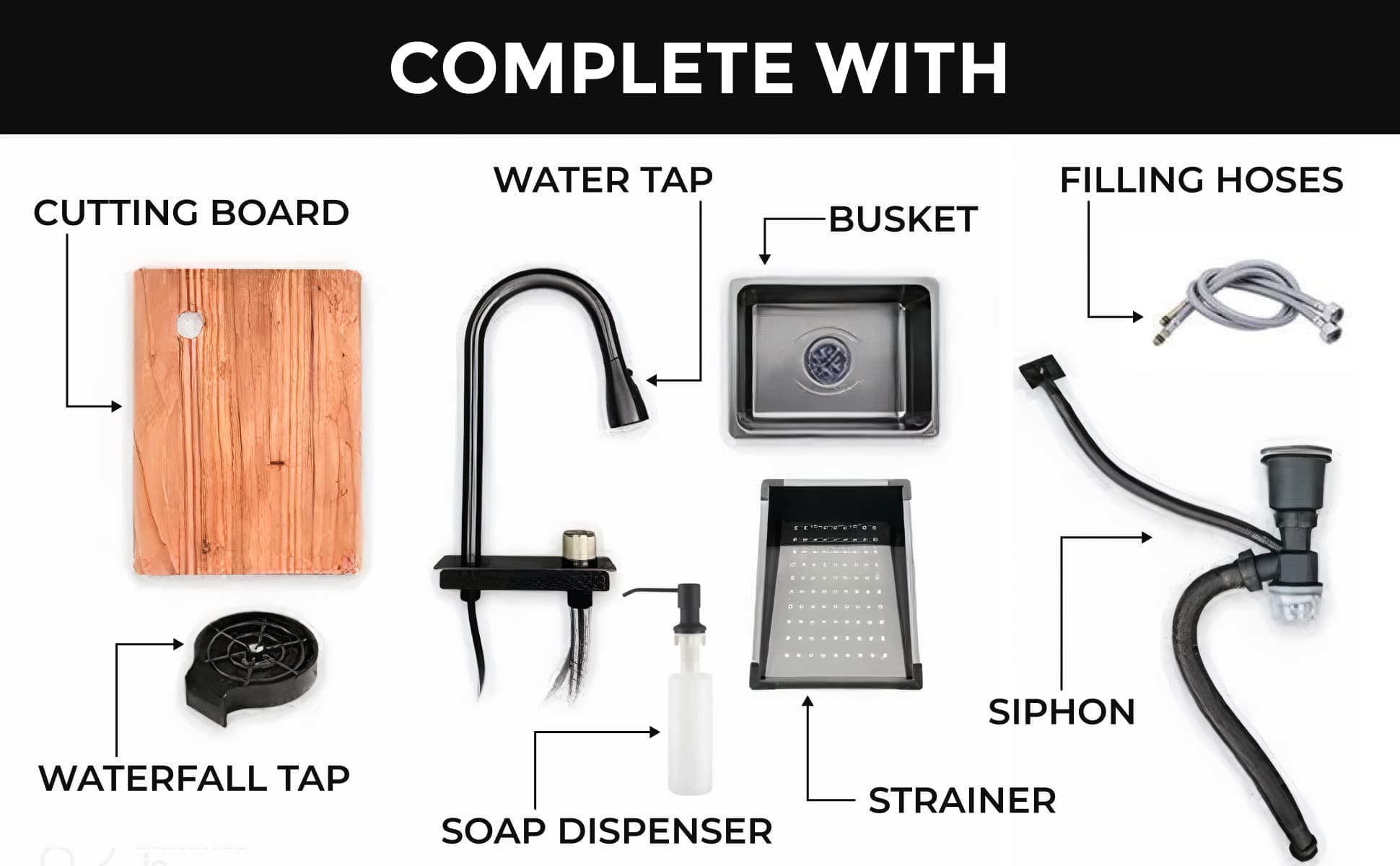 stainless steel kitchen sink color black 75x45 with waterfall faucet water tap cutting board soap dispenser strainer siphon busket filling hoses