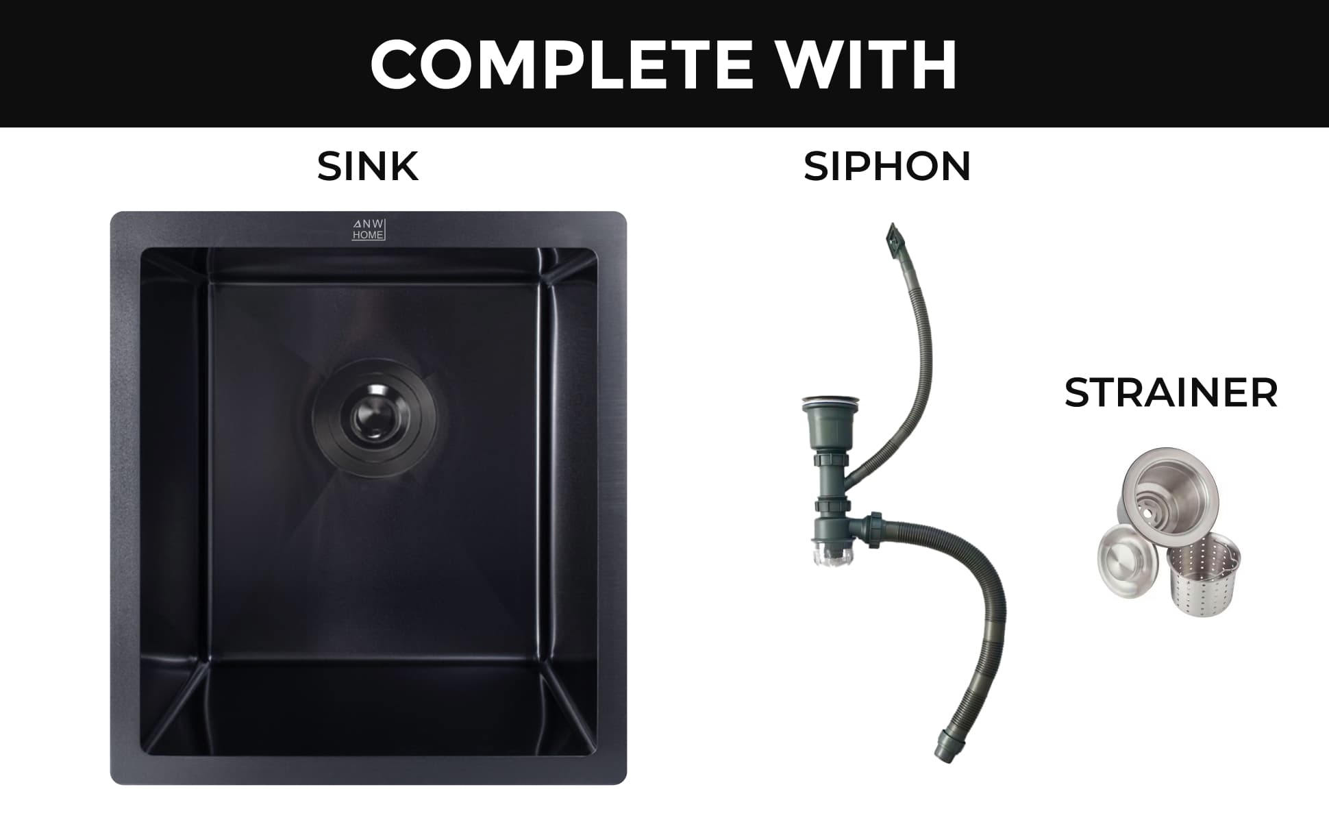 stainless steel kitchen sink color black size 37x45 with siphon and strainer