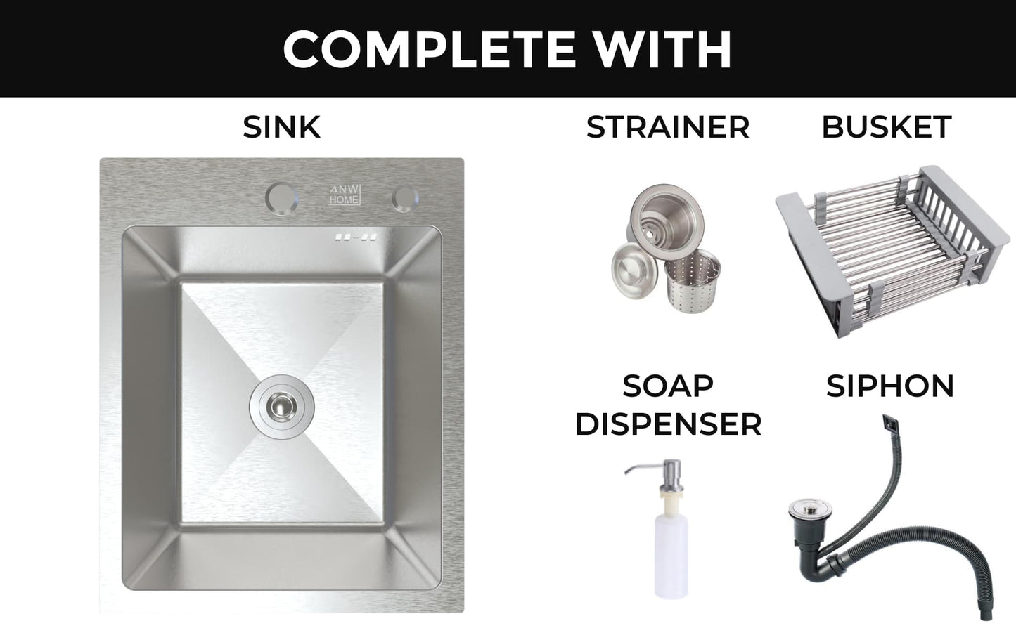 stainless steel kitchen sink size 40x50 color silver complete with strainer trap soap dispenser basket