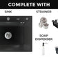 stainless steel kitchen sink color black size 55x43 complete with strainer trap soap dispenser busket