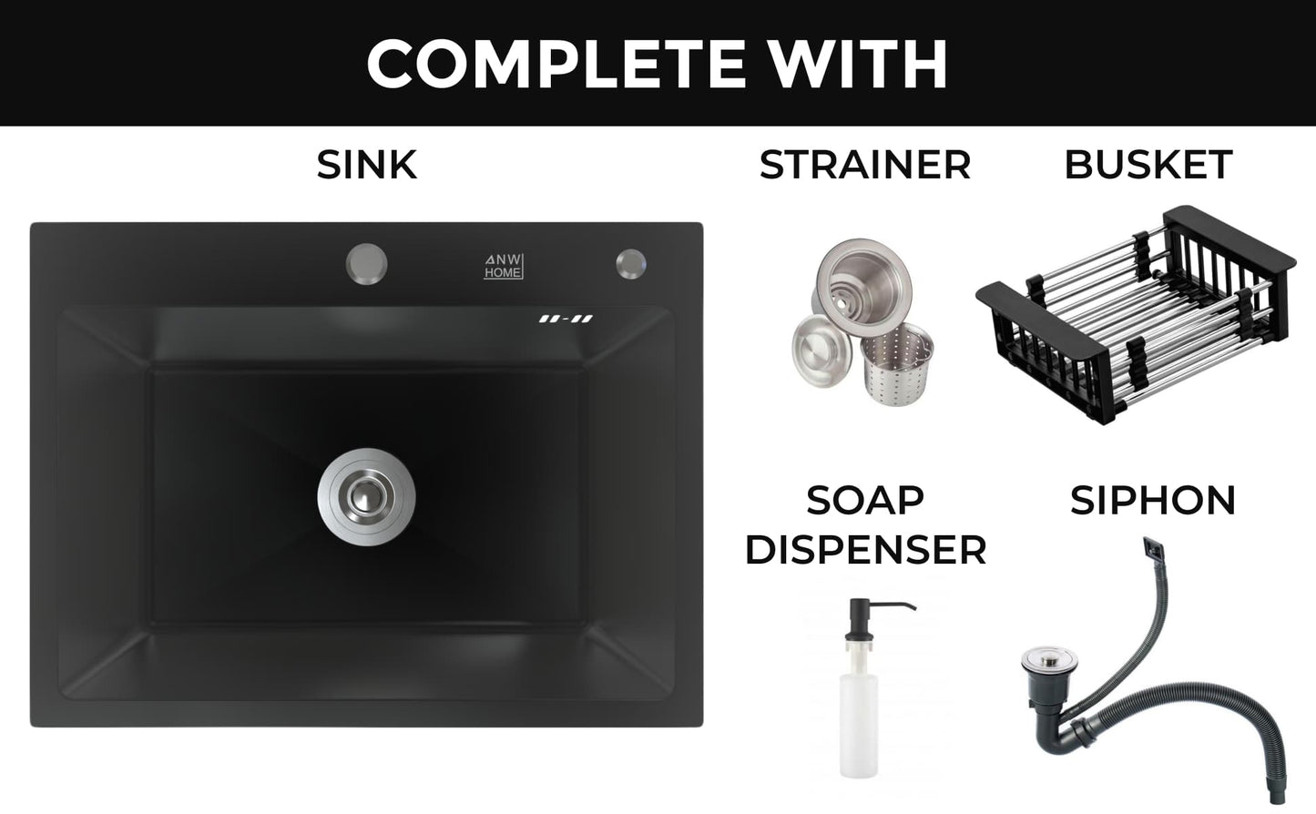 stainless steel kitchen sink color black size 55x43 complete with strainer trap soap dispenser busket