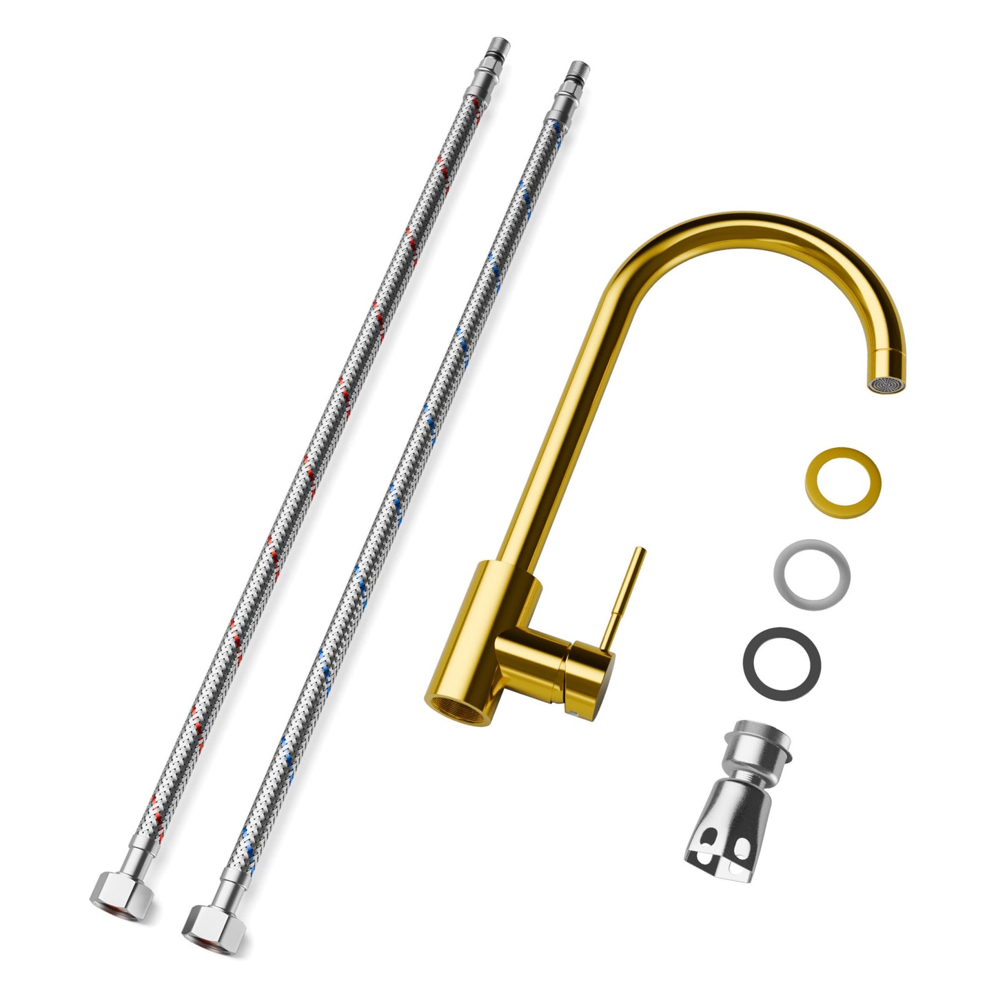ANW HOME High-Arc Polished Gold Kitchen Faucet with 360° Swivel Spout – 365 mm