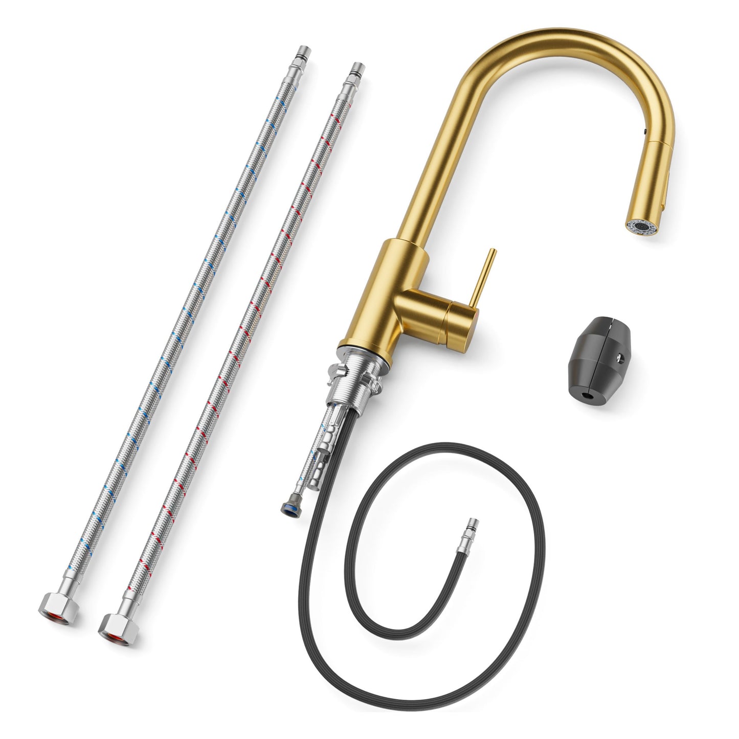 ANW HOME High-Arc Gold Kitchen Faucet with Pull-Out Spout and 360° Rotation – 390 mm