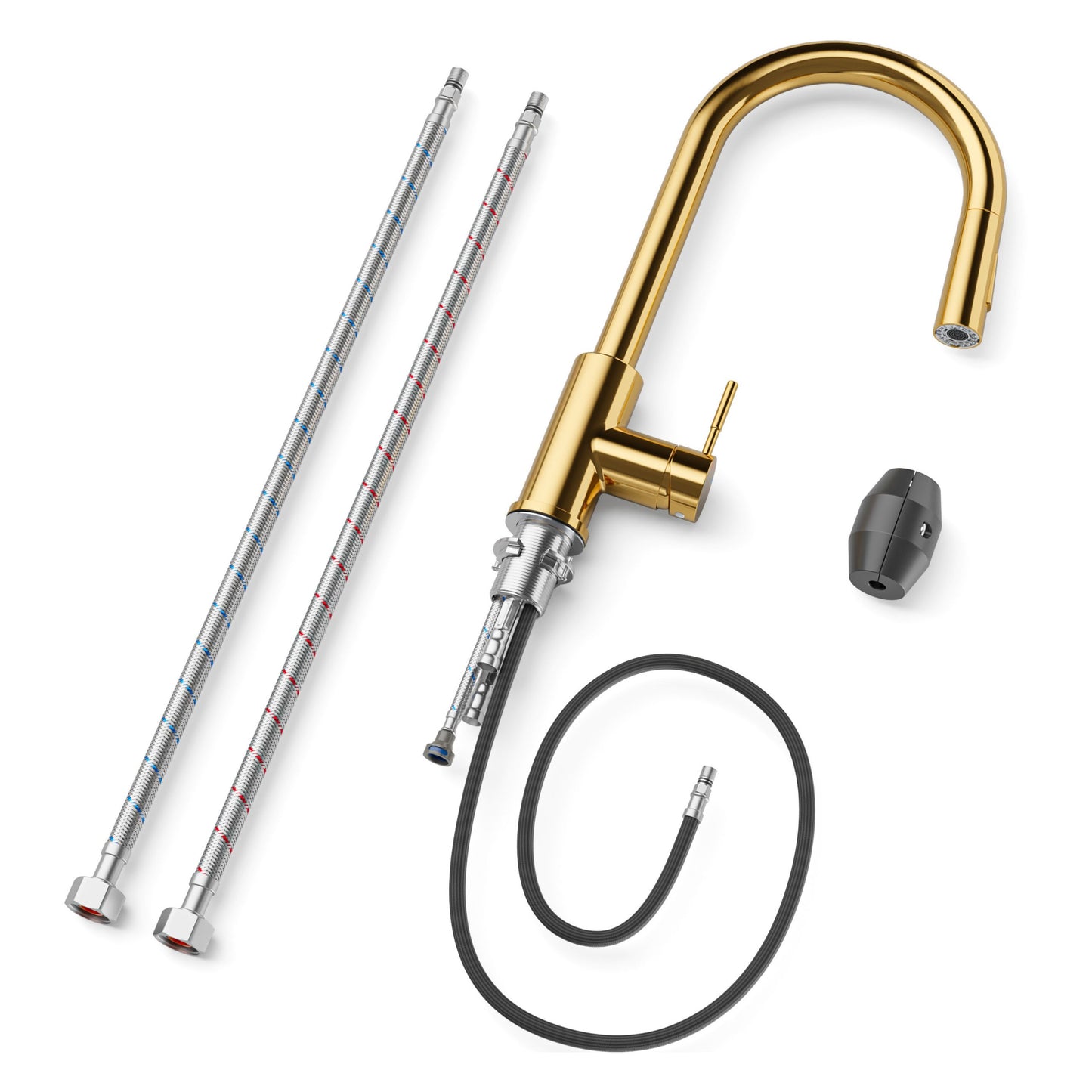 ANW HOME High-Arc Polished Gold Kitchen Faucet with Pull-Out Spout and 360° Rotation – 390 mm
