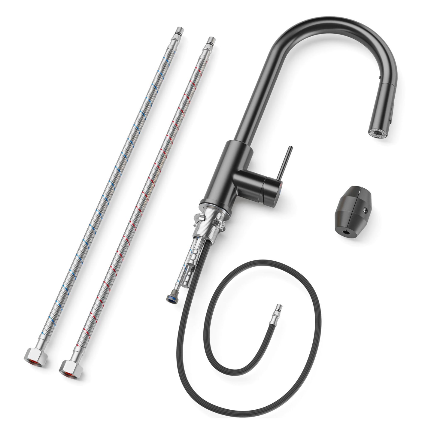 ANW HOME High-Arc Matte Graphite Kitchen Faucet with Pull-Out Spout and 360° Rotation – 390 mm