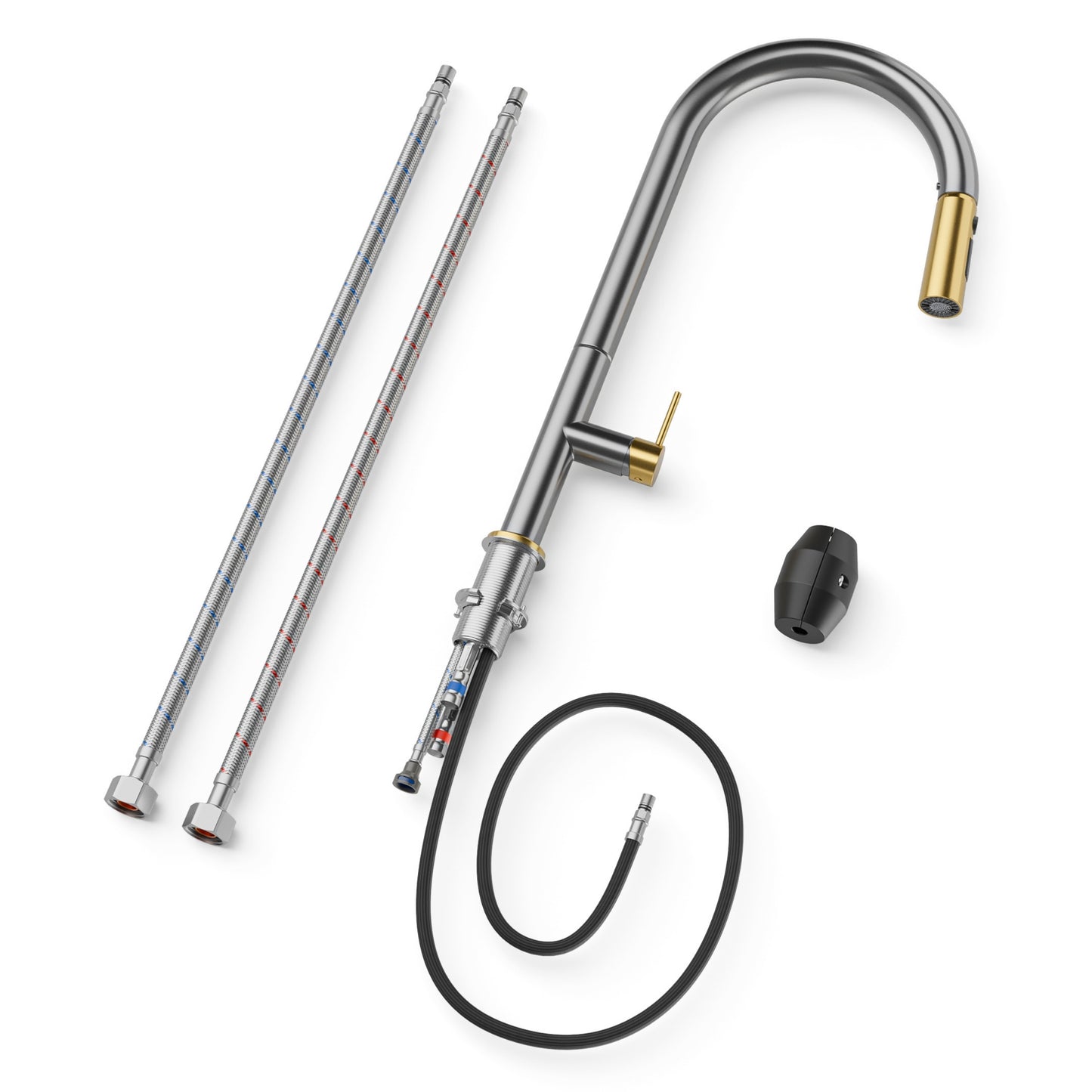 ANW HOME High-Arc Graphite & Gold Kitchen Faucet with Pull-Out Spout and 360° Rotation – 455 mm