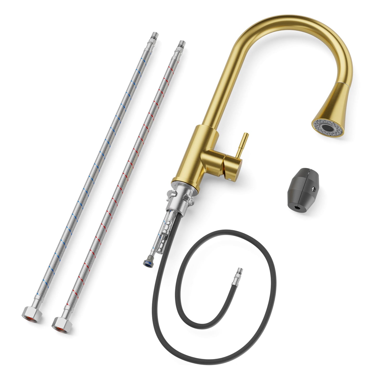 ANW HOME High-Arc Brushed Gold Kitchen Faucet with Pull-Out Spout and 360° Rotation – 410 mm