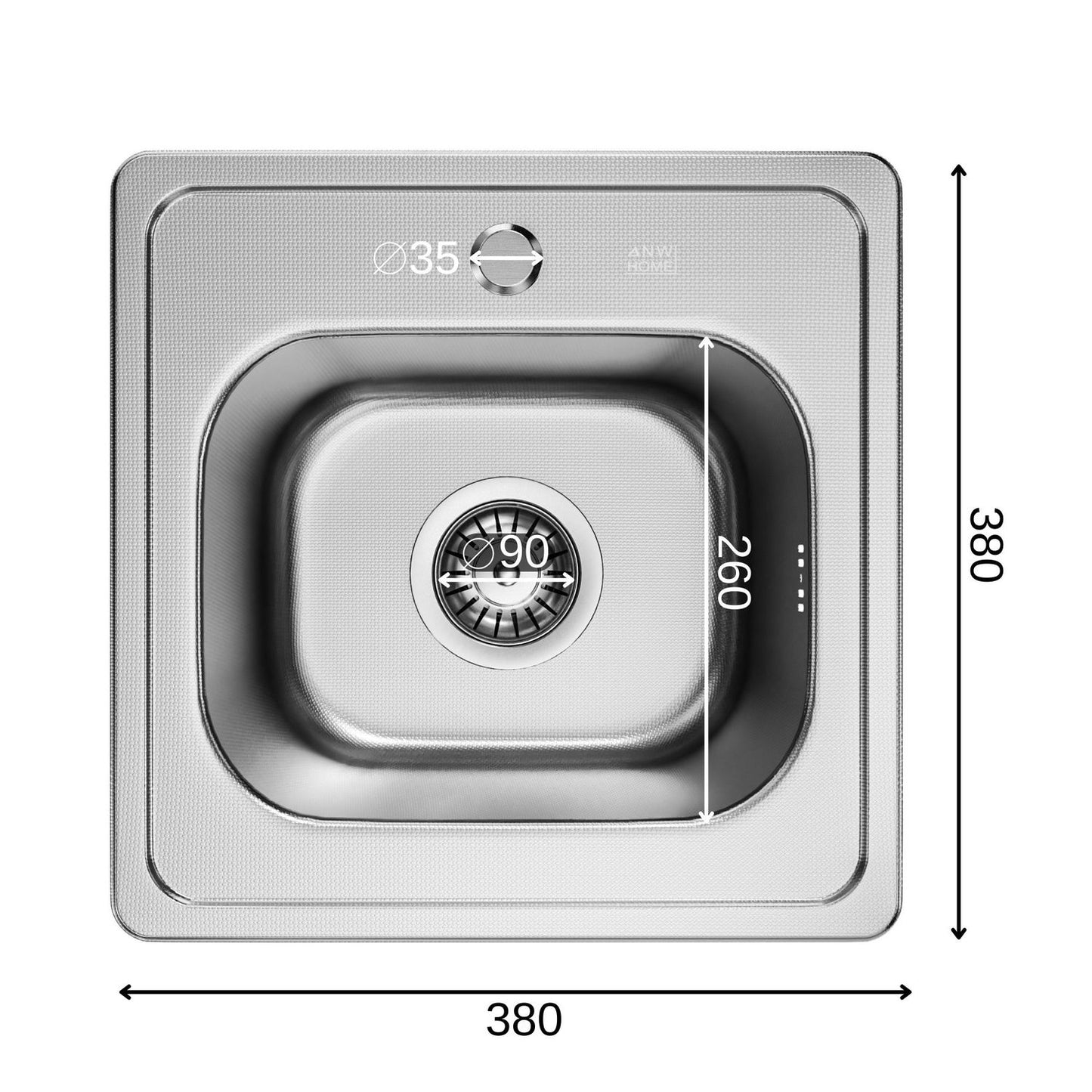 ANW HOME Einbauspüle Edelstahl 38x38 cm Spülbecken Küche Edelstahl mit Siphon Küchenspüle 1 Becken 18 cm Tiefe mit Siphon und Ablaufgarnitur