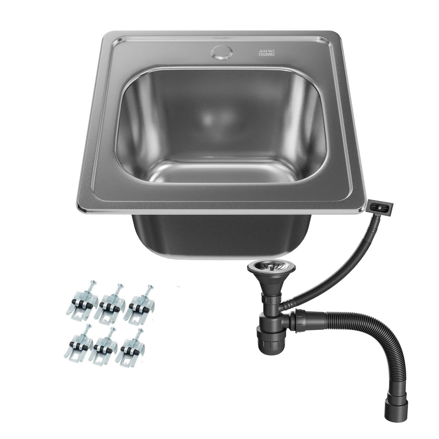 ANW HOME Einbauspüle Edelstahl 38x38 cm Spülbecken Küche Klein Küchenspüle 20 cm Tief mit Siphon und Ablaufgarnitur
