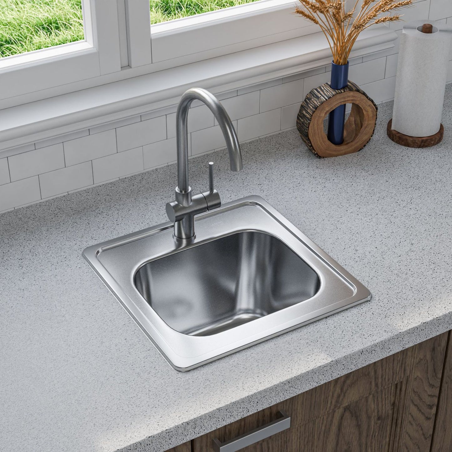 ANW HOME Einbauspüle Edelstahl 38x38 cm Spülbecken Küche Klein Küchenspüle 20 cm Tief mit Siphon und Ablaufgarnitur