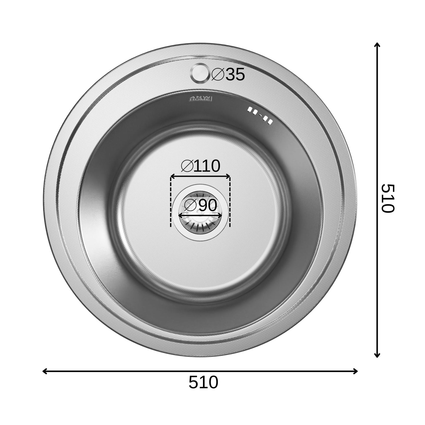 ANW HOME Spülbecken Küche, Küchenspüle Edelstahl 1 Becken, Einbauspüle Rund Ø51 cm, Edelstahl 201, Silber, Anti-Kratz Oberfläche, Stärke 1 mm, mit Siphon