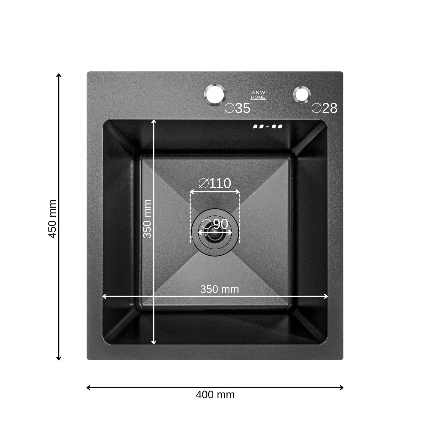 ANW HOME kuchyňský dřez z nerezové oceli 40 x 45 cm, jednodřez pro horní montáž, grafit PVD, nano povrch, tloušťka 3,0+1 mm, se sifonem a dávkovačem saponátu