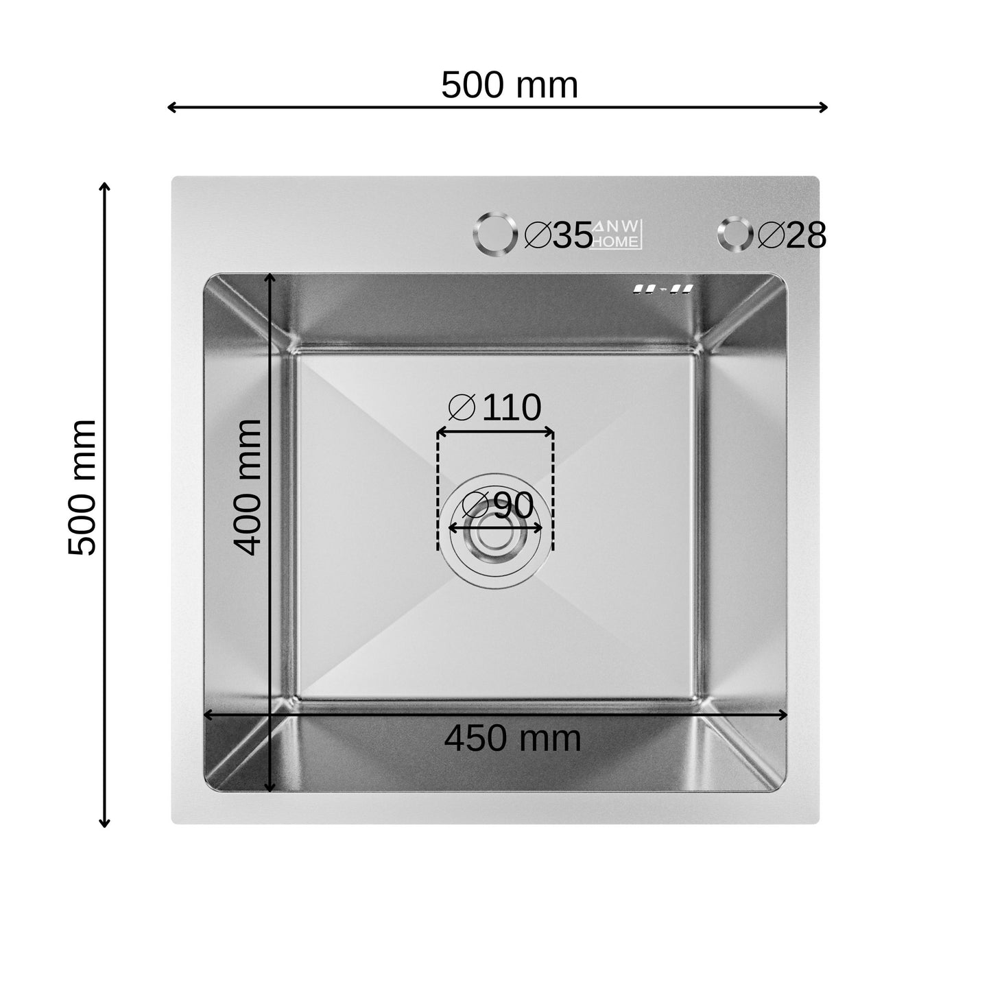 ANW HOME nerezový kuchyňský dřez, jednodřez 50 x 50 cm, inset montáž, stříbrný, nano povrch, tloušťka 3,0/1 mm, hloubka vany 22 cm, s odtokovou sadou a dávkovačem saponátu