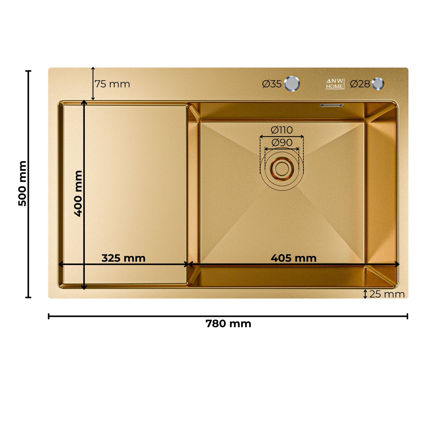ANW HOME Evier Cuisine 1 Bac avec Égouttoir, Evier Inox à Encastrer 304, 78x50 cm, Or PVD, Finition Nano, Épaisseur 3,0+1 mm